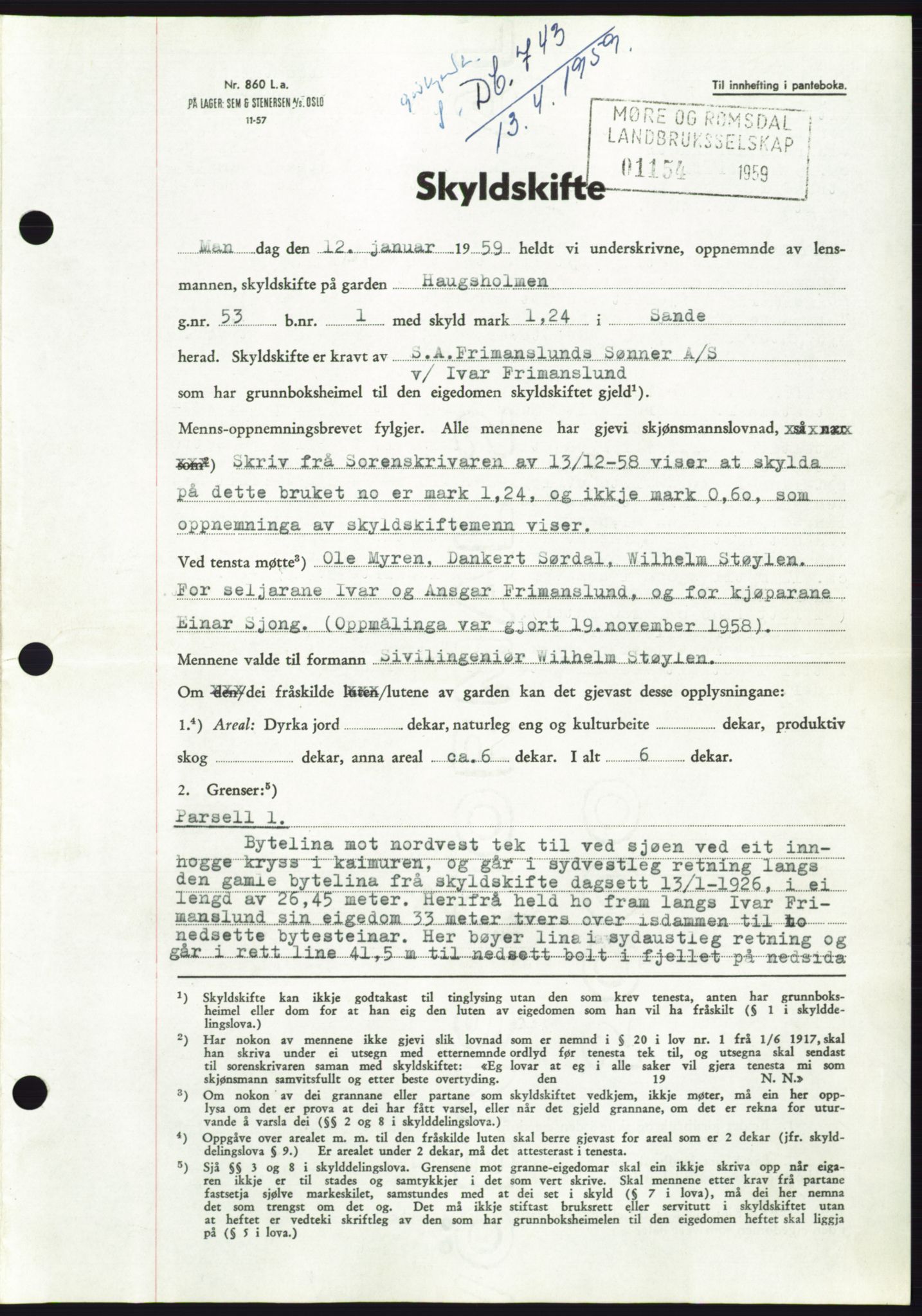 Søre Sunnmøre sorenskriveri, SAT/A-4122/1/2/2C/L0112: Pantebok nr. 38A, 1959-1959, Dagboknr: 743/1959