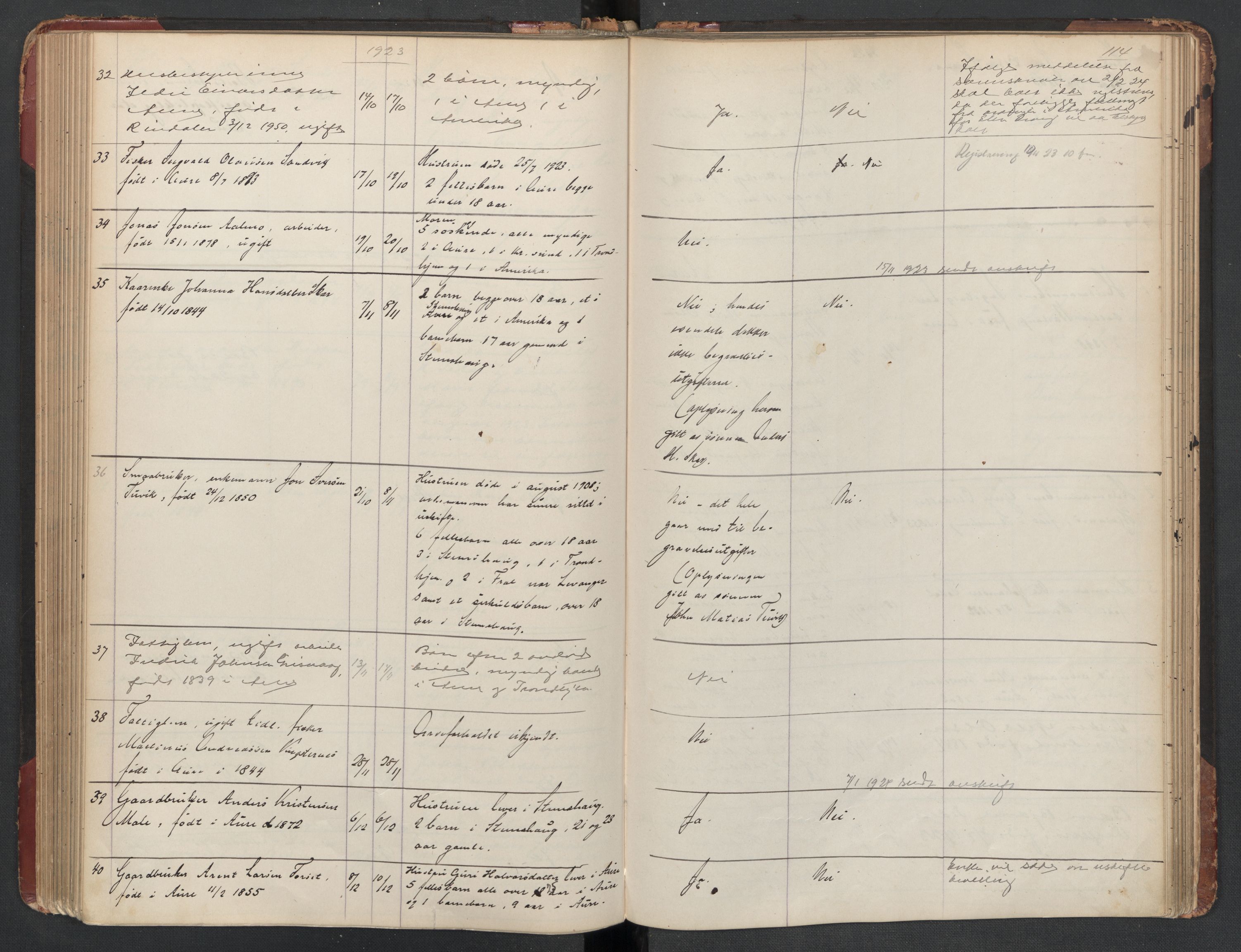 Aure lensmannskontor, SAT/A-1088/1/02/L0003: 2.01.03 Dødsfallsprotokoll, 1906-1926, s. 114