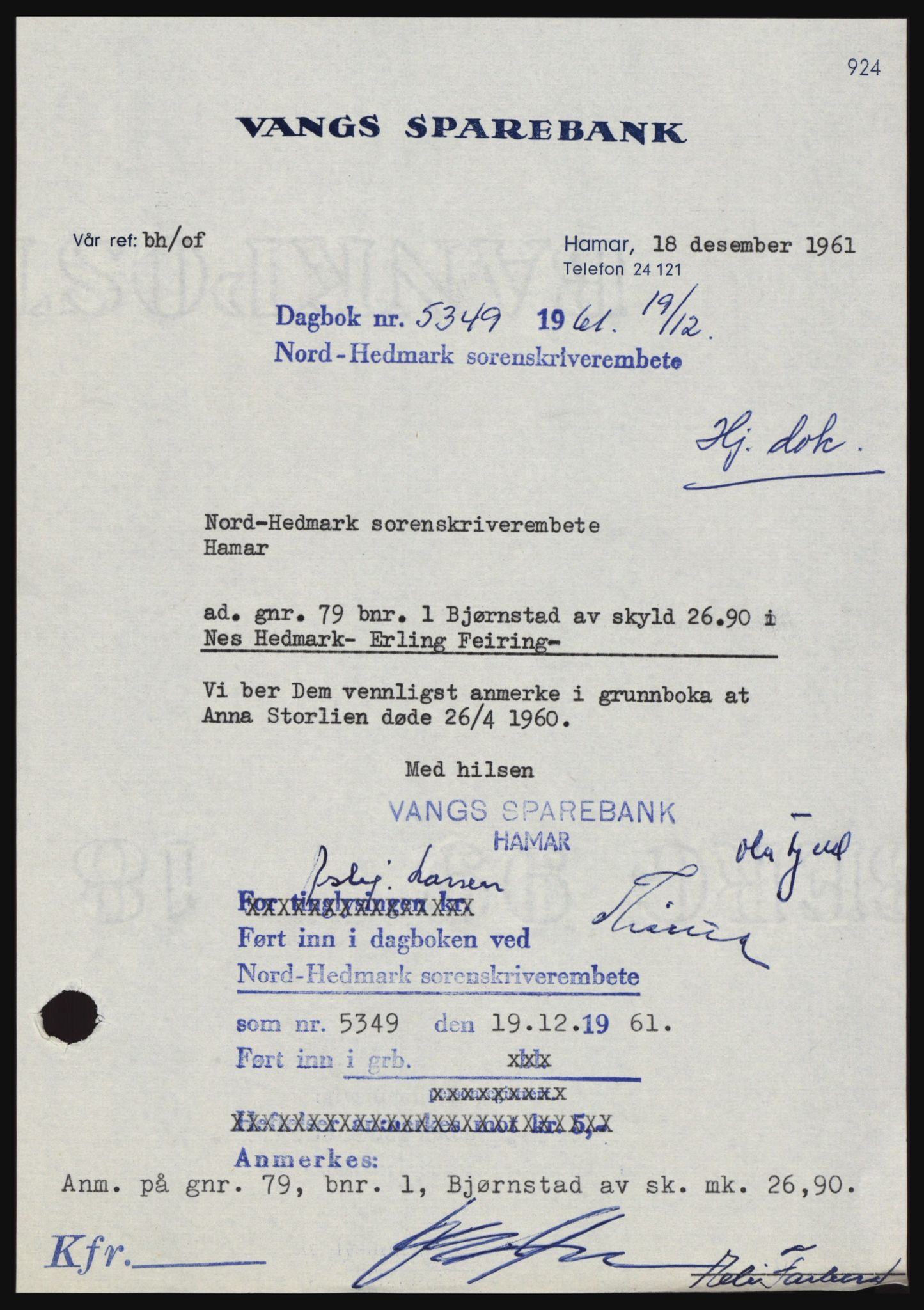 Nord-Hedmark sorenskriveri, SAH/TING-012/H/Hc/L0015: Pantebok nr. 15, 1961-1961, Dagboknr: 5349/1961