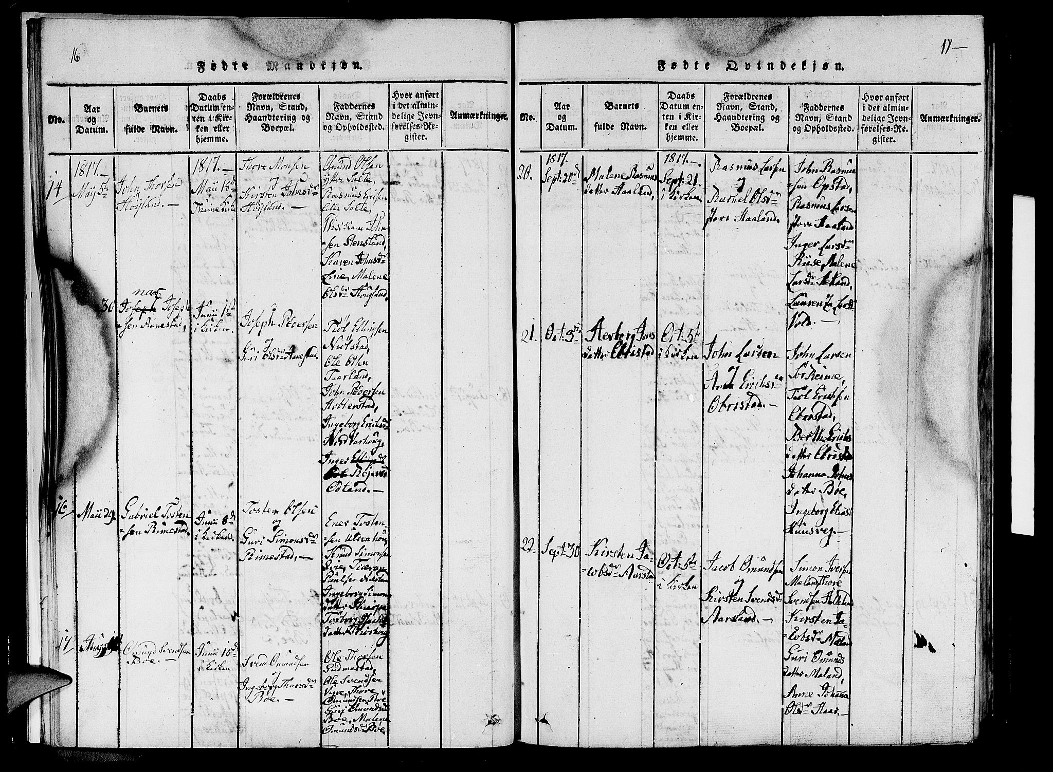 Hå sokneprestkontor, AV/SAST-A-101801/001/30BA/L0003: Ministerialbok nr. A 3, 1815-1825, s. 16-17
