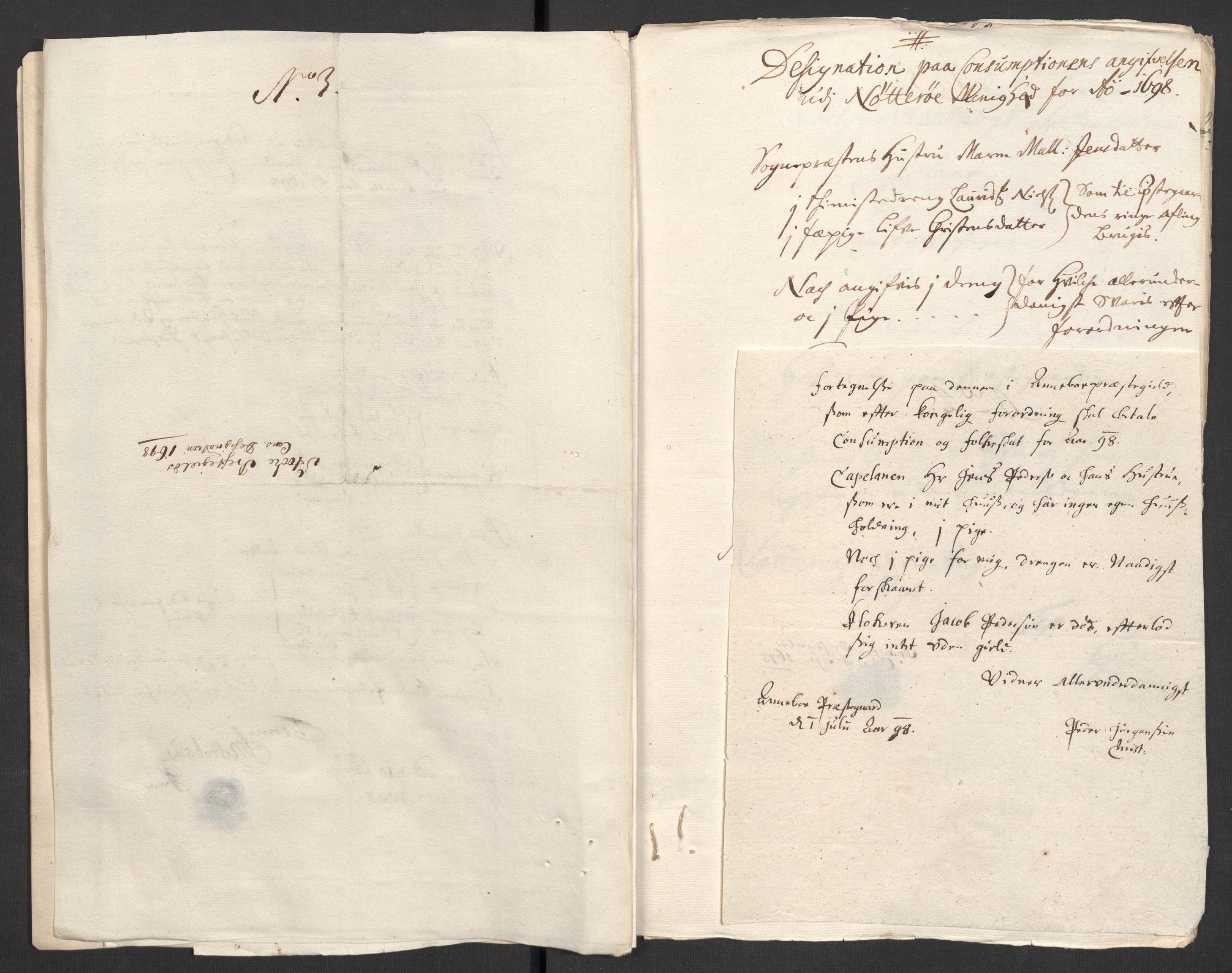 Rentekammeret inntil 1814, Reviderte regnskaper, Fogderegnskap, RA/EA-4092/R32/L1868: Fogderegnskap Jarlsberg grevskap, 1697-1699, s. 154