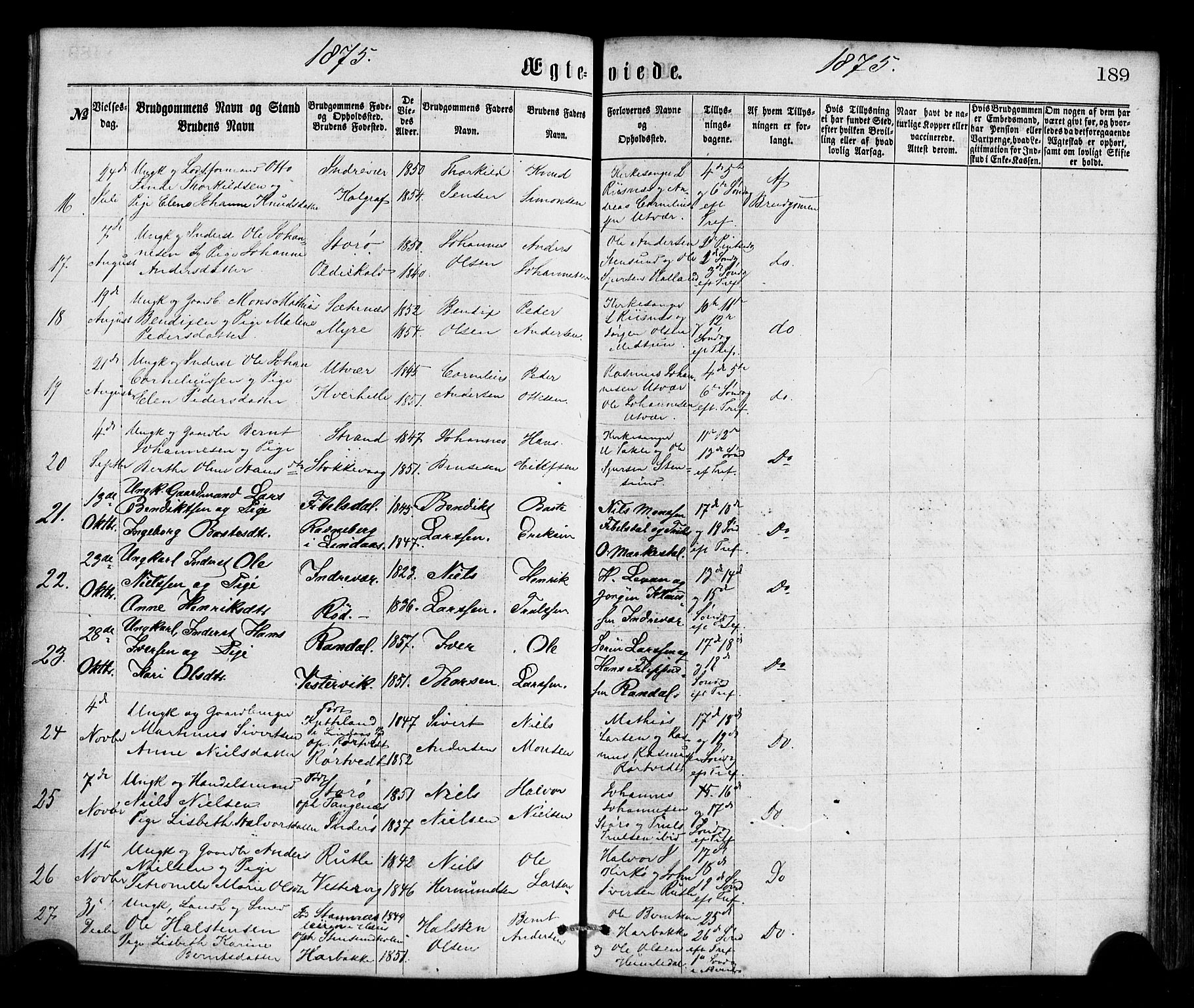 Gulen sokneprestembete, AV/SAB-A-80201/H/Haa/Haaa/L0023: Ministerialbok nr. A 23, 1870-1880, s. 189
