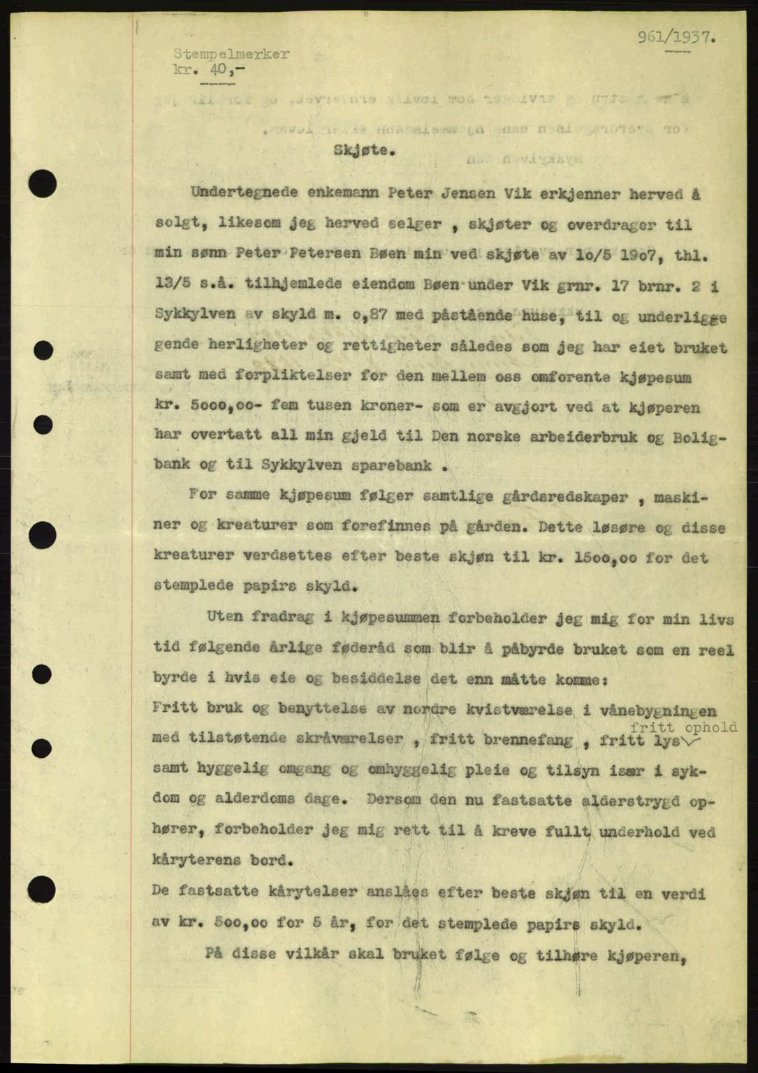 Nordre Sunnmøre sorenskriveri, SAT/A-0006/1/2/2C/2Ca: Pantebok nr. A3, 1937-1937, Dagboknr: 961/1937