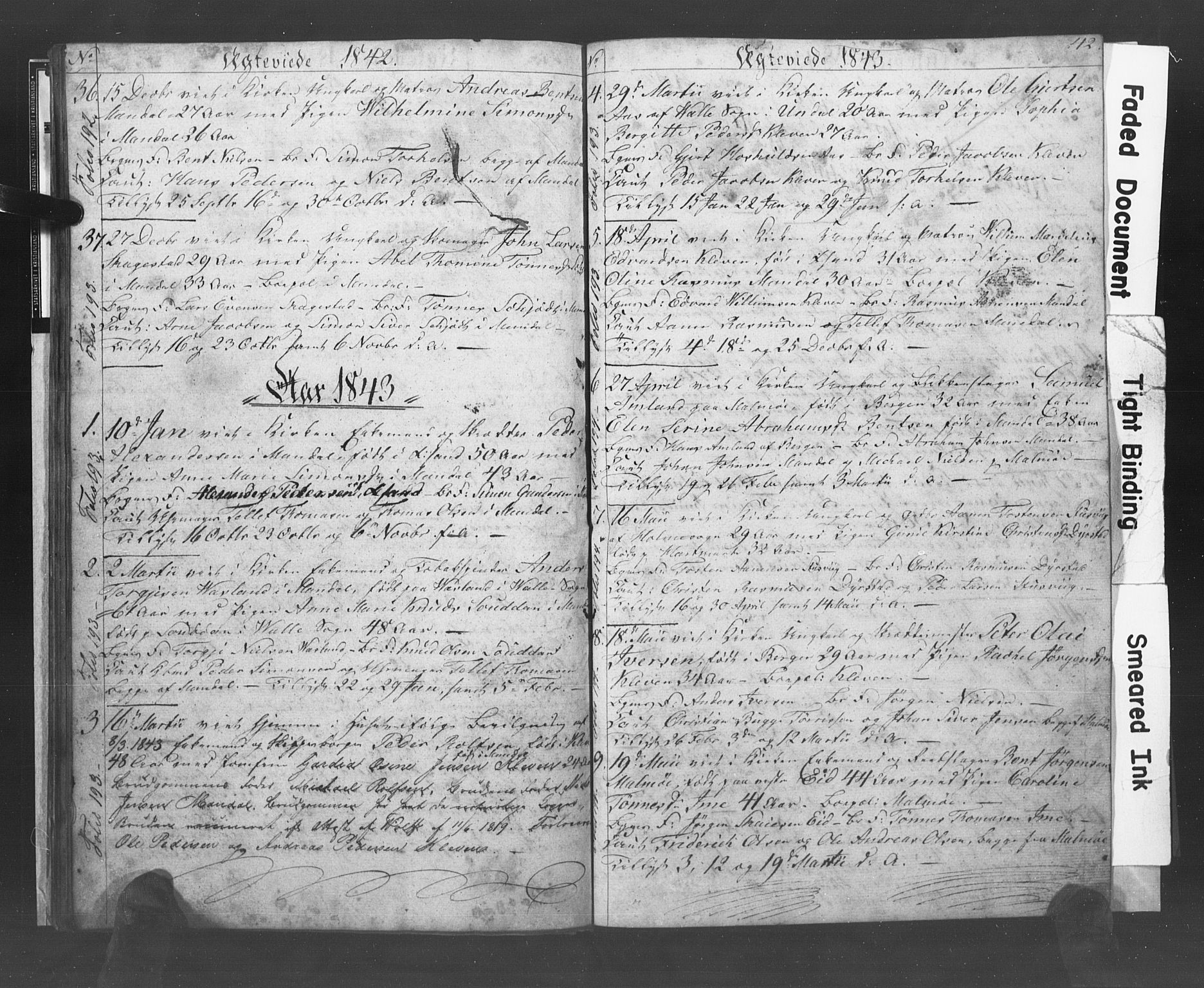 Mandal sokneprestkontor, SAK/1111-0030/F/Fb/Fba/L0005: Klokkerbok nr. B 1E, 1842-1845, s. 42
