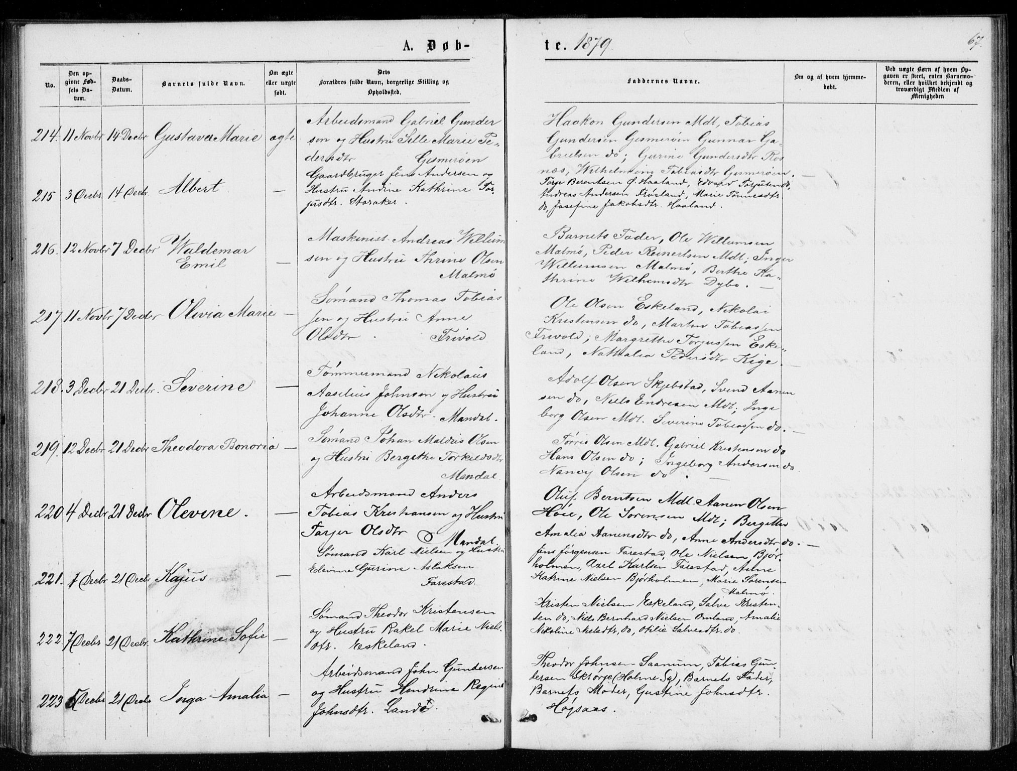 Mandal sokneprestkontor, AV/SAK-1111-0030/F/Fb/Fba/L0010: Klokkerbok nr. B 4, 1876-1880, s. 67