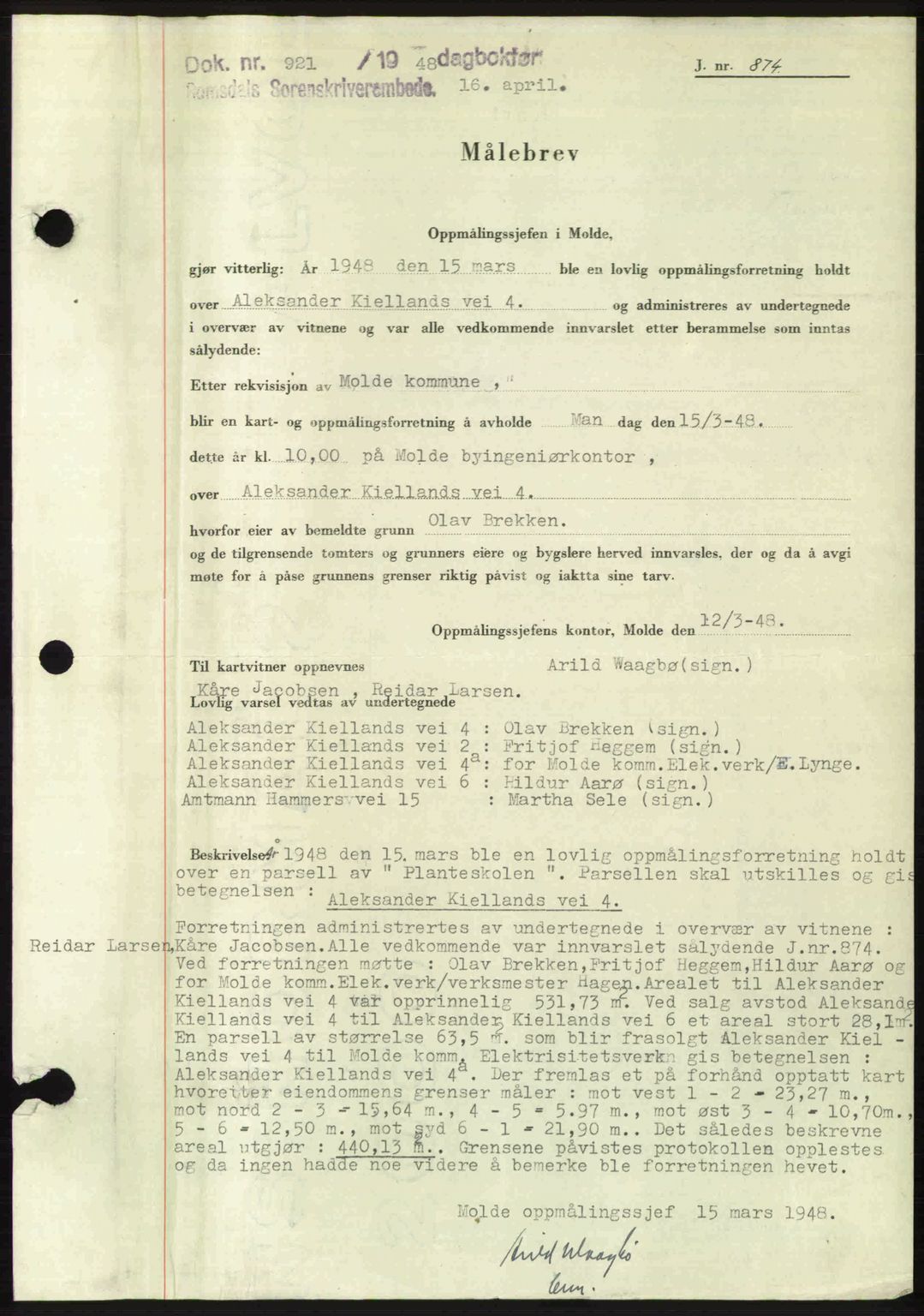 Romsdal sorenskriveri, SAT/A-4149/1/2/2C: Pantebok nr. A26, 1948-1948, Dagboknr: 921/1948