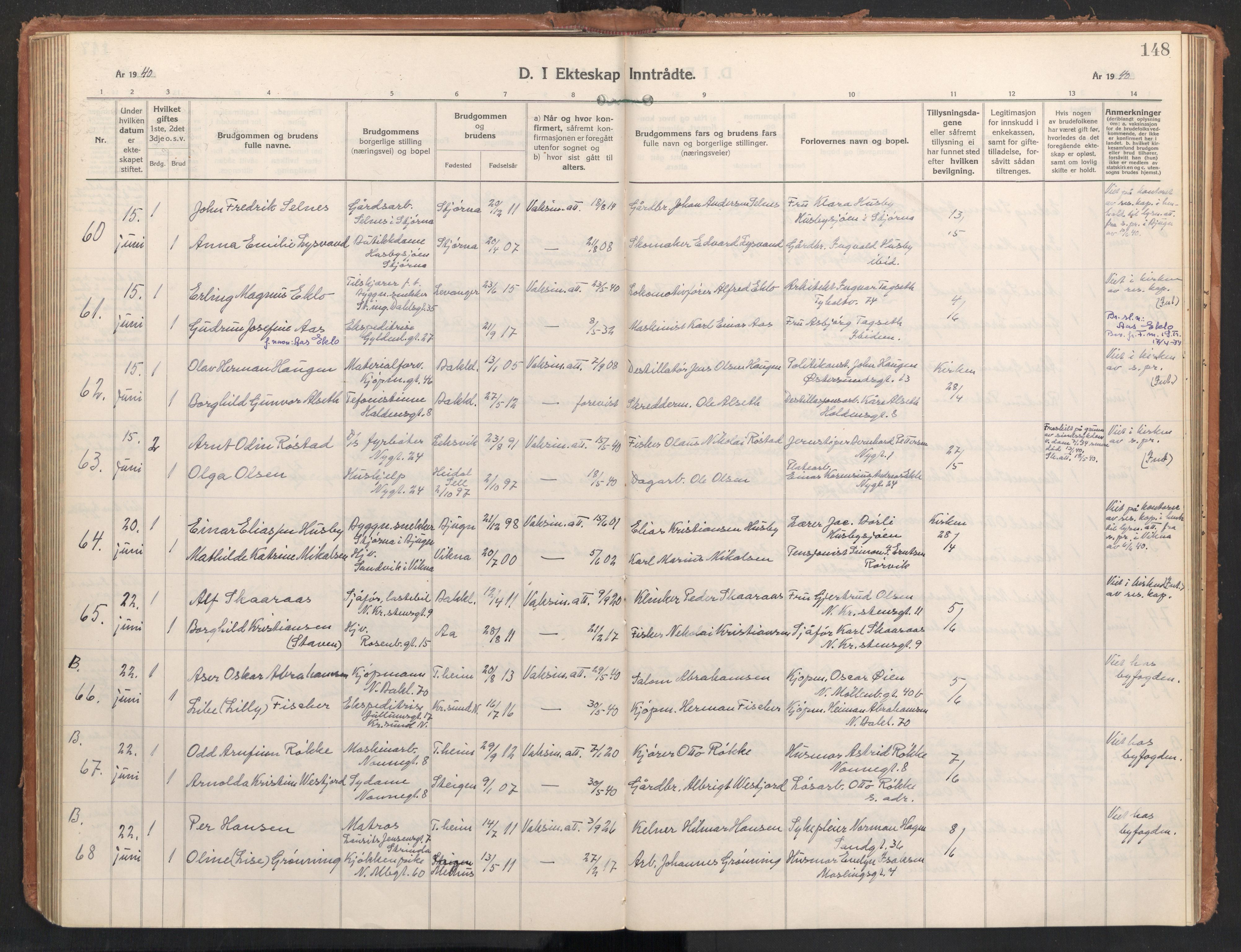 Ministerialprotokoller, klokkerbøker og fødselsregistre - Sør-Trøndelag, AV/SAT-A-1456/604/L0209: Ministerialbok nr. 604A29, 1931-1945, s. 148
