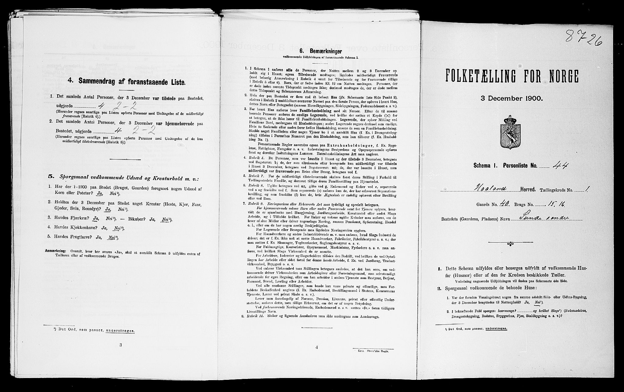 SAST, Folketelling 1900 for 1124 Haaland herred, 1900, s. 184