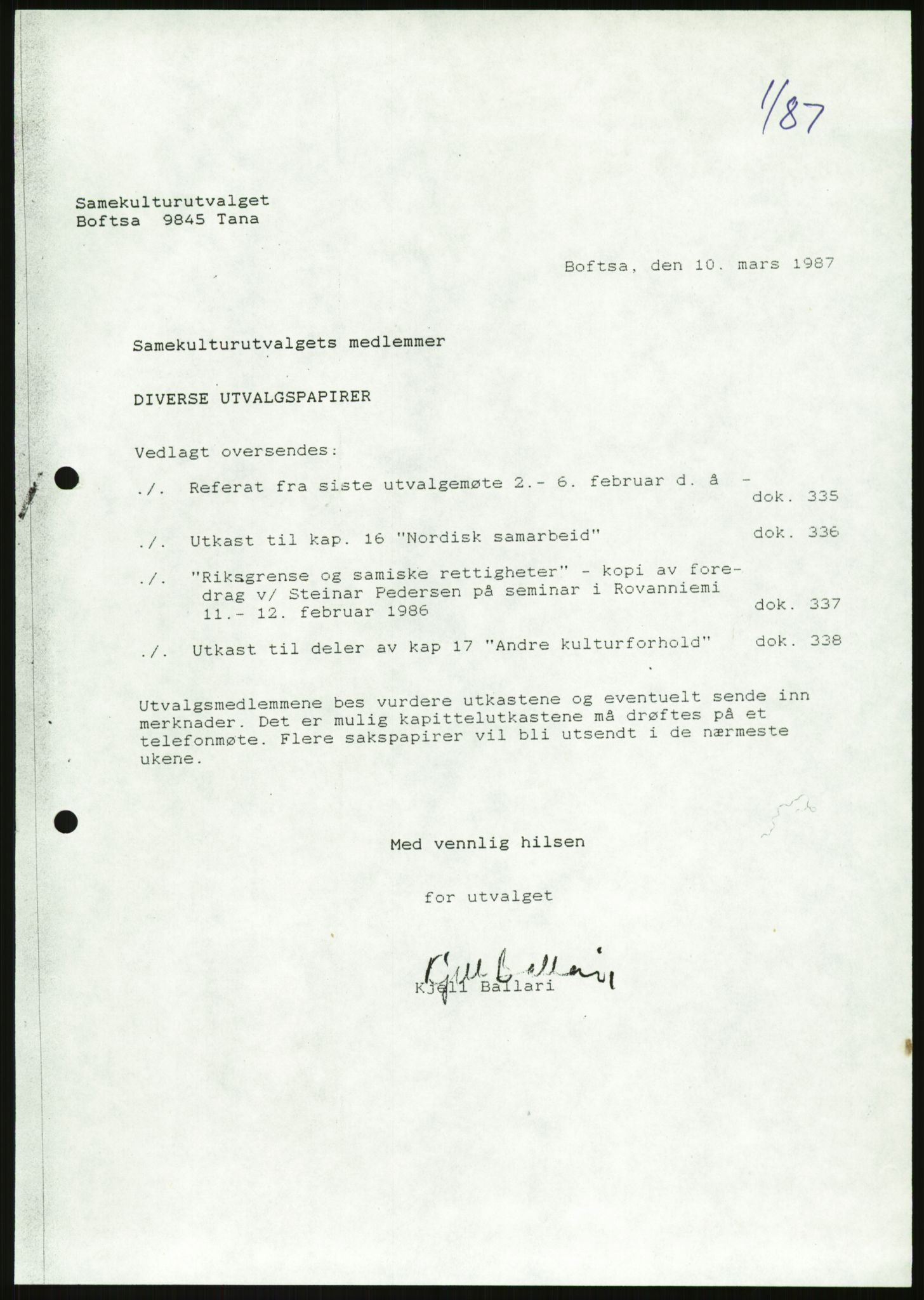 Kirke- og undervisningsdepartementet, Samekulturutvalget, AV/RA-S-2905/D/L0002: Utgående brev. Register til disse, 1981-1987, s. 11