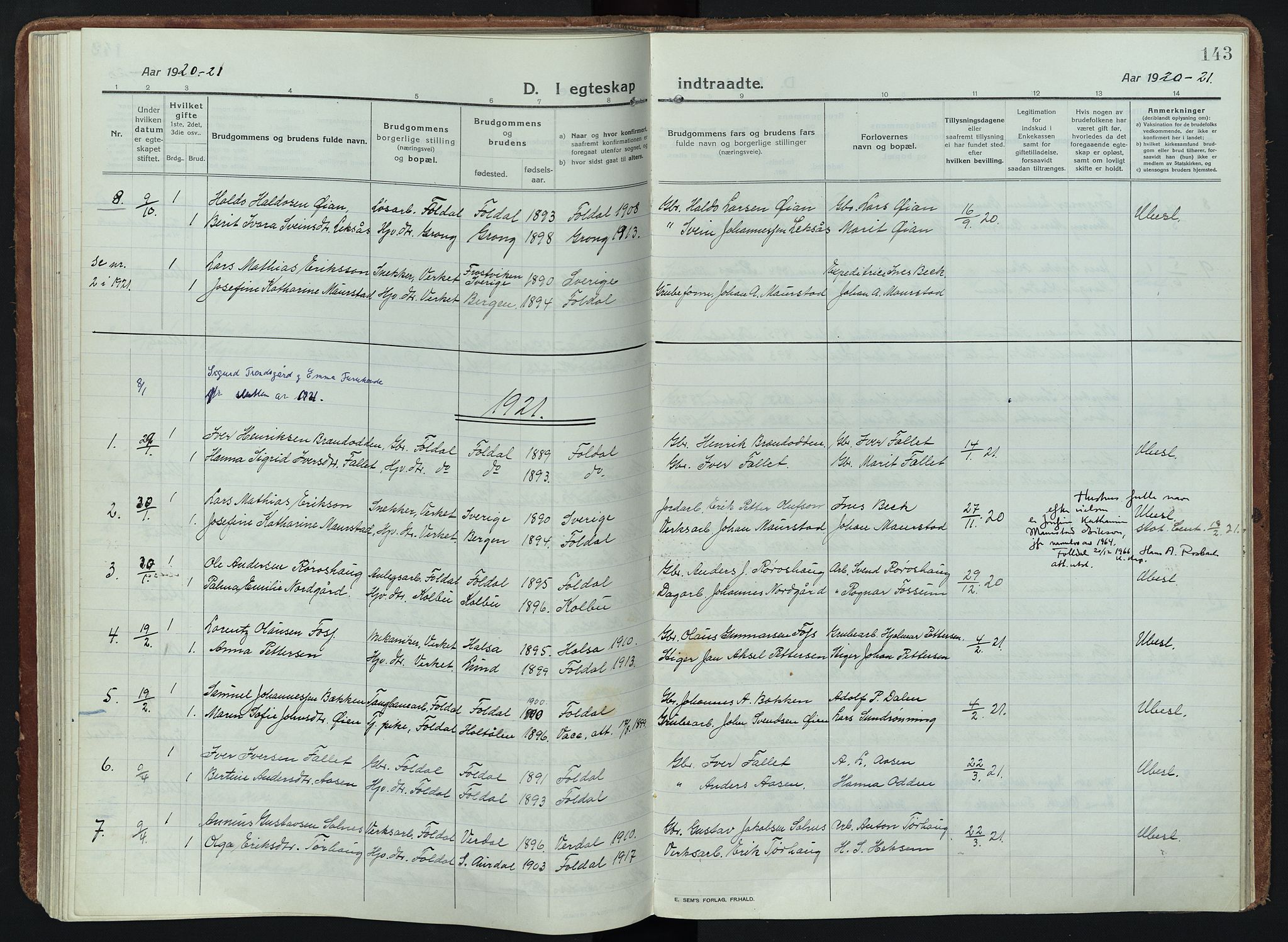 Alvdal prestekontor, AV/SAH-PREST-060/H/Ha/Haa/L0005: Ministerialbok nr. 5, 1913-1930, s. 143