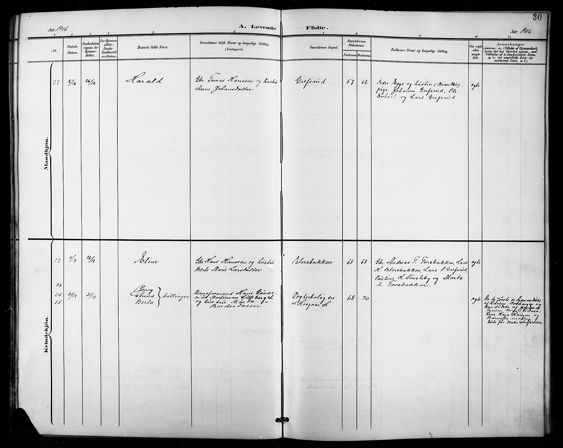 Vestre Toten prestekontor, SAH/PREST-108/H/Ha/Hab/L0016: Klokkerbok nr. 16, 1901-1915, s. 30