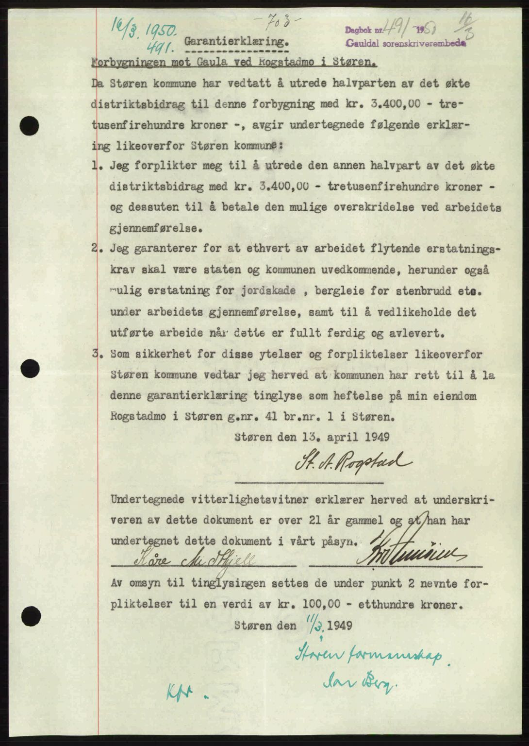 Gauldal sorenskriveri, SAT/A-0014/1/2/2C: Pantebok nr. A9, 1949-1950, Dagboknr: 491/1950