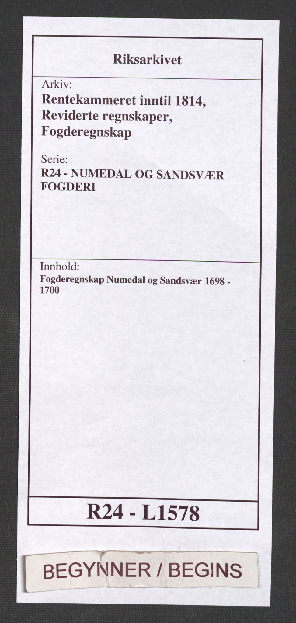 Rentekammeret inntil 1814, Reviderte regnskaper, Fogderegnskap, AV/RA-EA-4092/R24/L1578: Fogderegnskap Numedal og Sandsvær, 1698-1700, s. 1