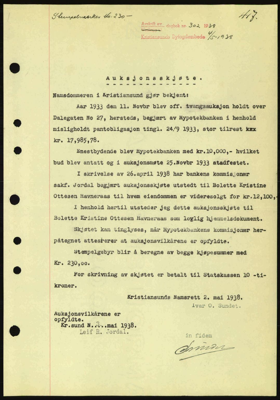 Kristiansund byfogd, AV/SAT-A-4587/A/27: Pantebok nr. 30, 1936-1941, Dagboknr: 302/1938