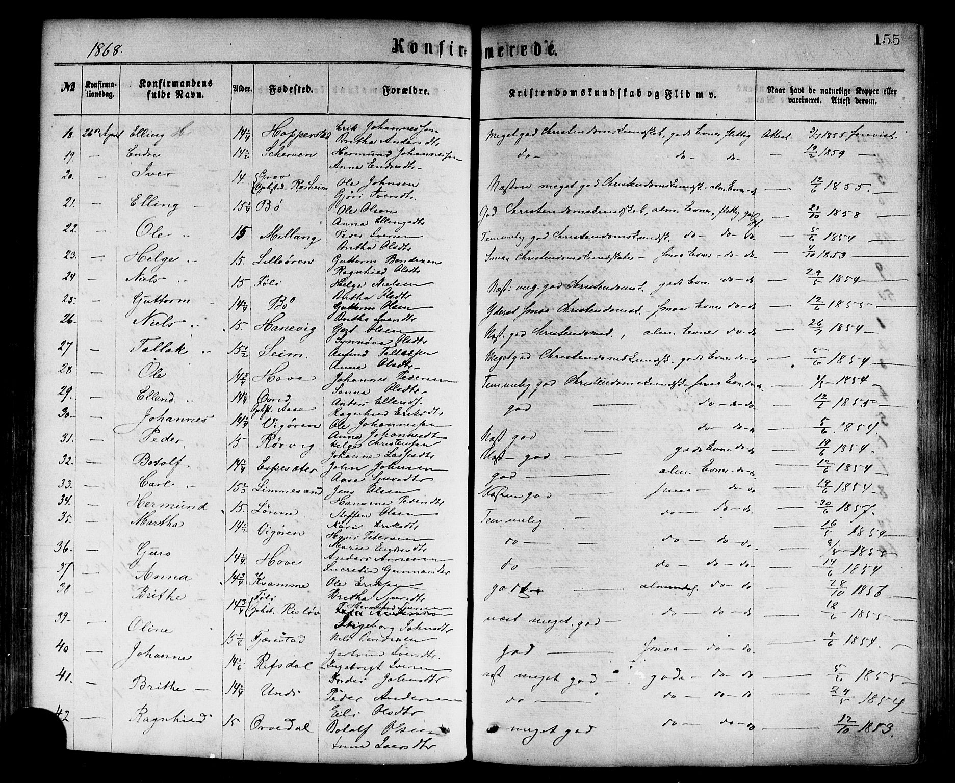 Vik sokneprestembete, AV/SAB-A-81501/H/Haa/Haaa/L0009: Ministerialbok nr. A 9, 1866-1877, s. 155