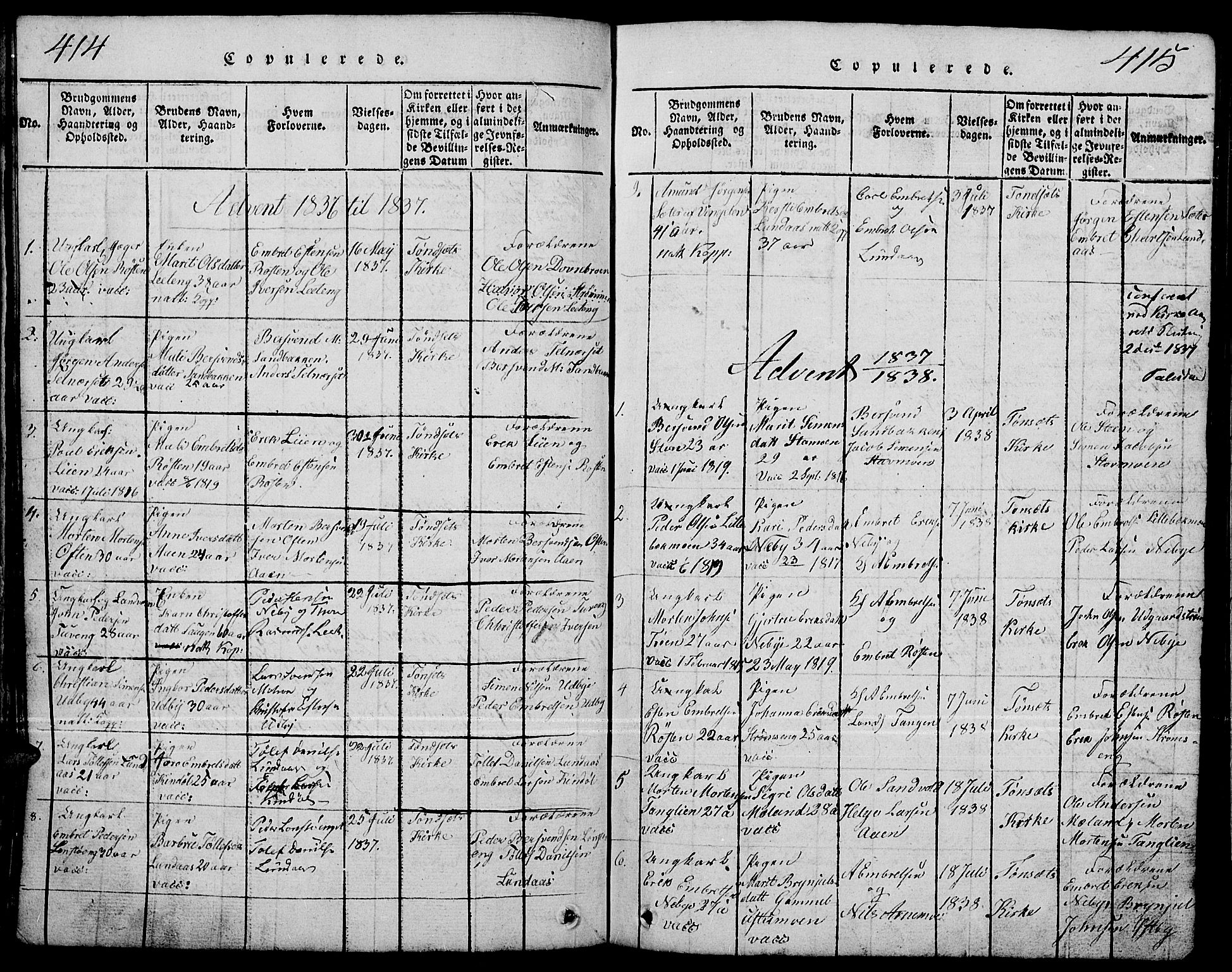 Tynset prestekontor, AV/SAH-PREST-058/H/Ha/Hab/L0001: Klokkerbok nr. 1, 1814-1859, s. 414-415