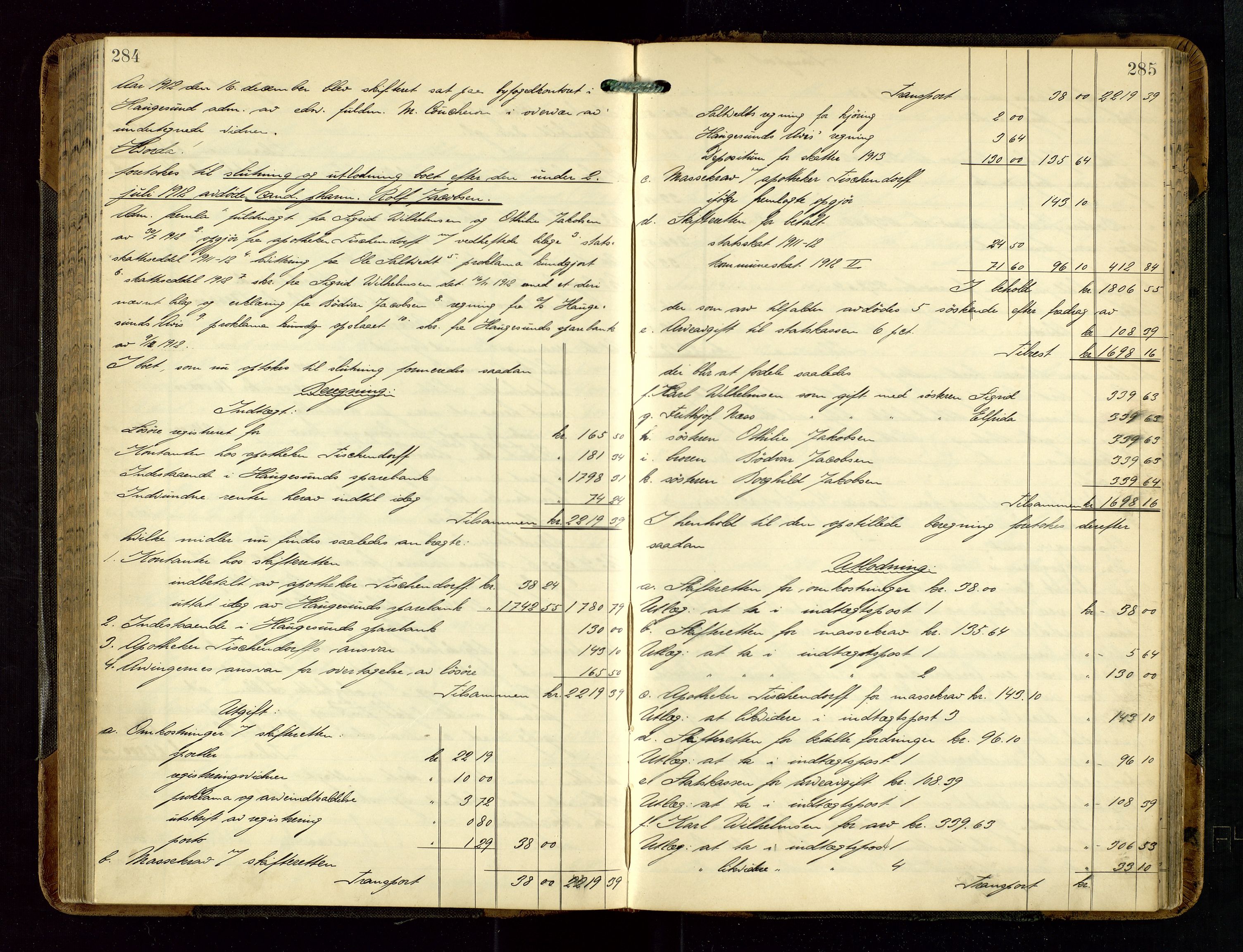Haugesund tingrett, SAST/A-101415/01/IV/IVD/L0002: Skifteutlodningsprotokoll, med register, 1904-1915, s. 284-285