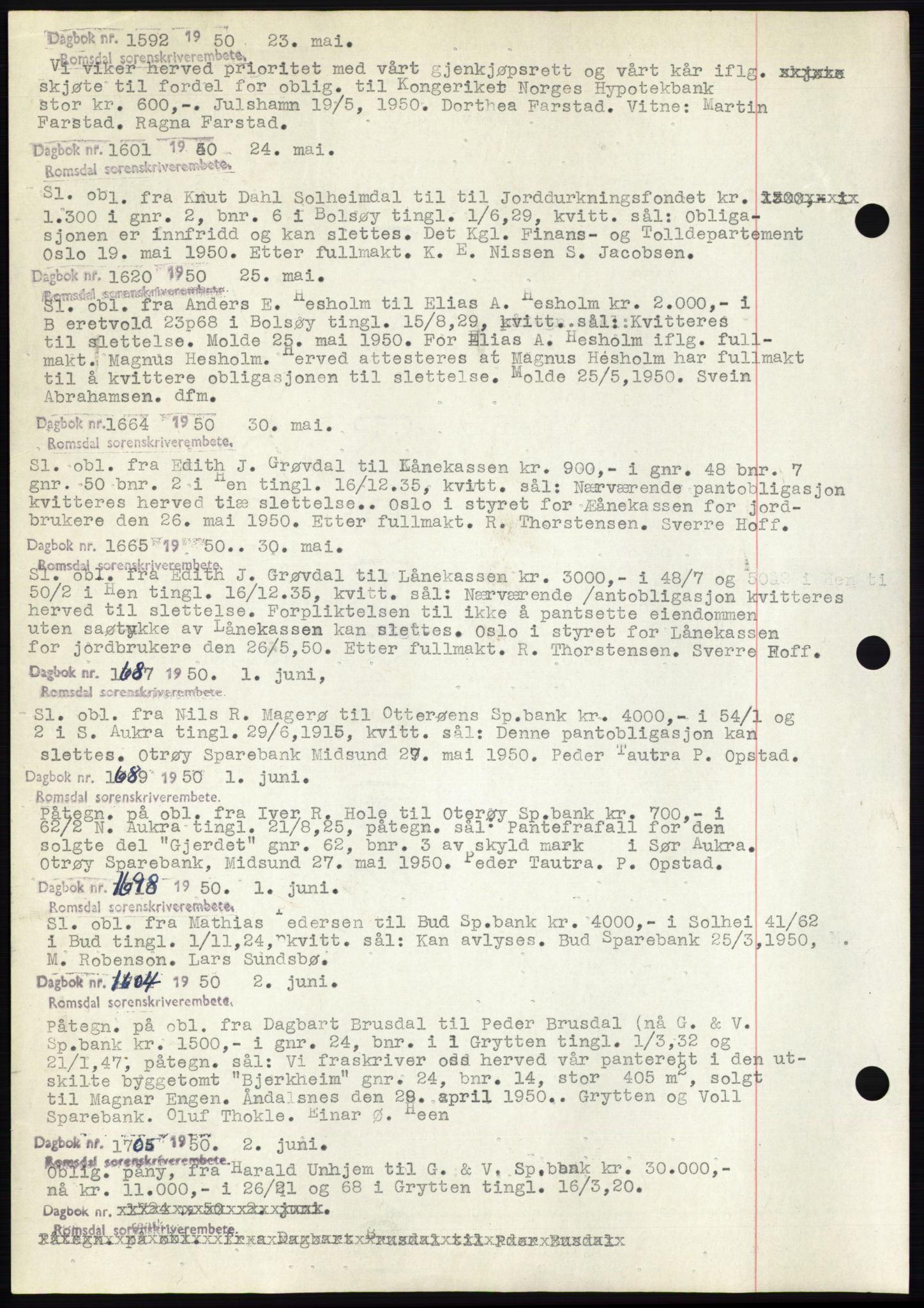 Romsdal sorenskriveri, SAT/A-4149/1/2/2C: Pantebok nr. C2, 1949-1951, Dagboknr: 1592/1950