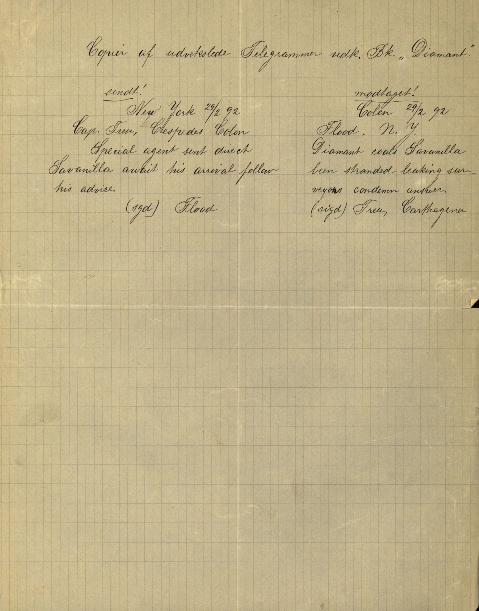 Pa 63 - Østlandske skibsassuranceforening, VEMU/A-1079/G/Ga/L0029/0007: Havaridokumenter / Diamant, Foldin, Aise, Florida, Flora, 1892, s. 2