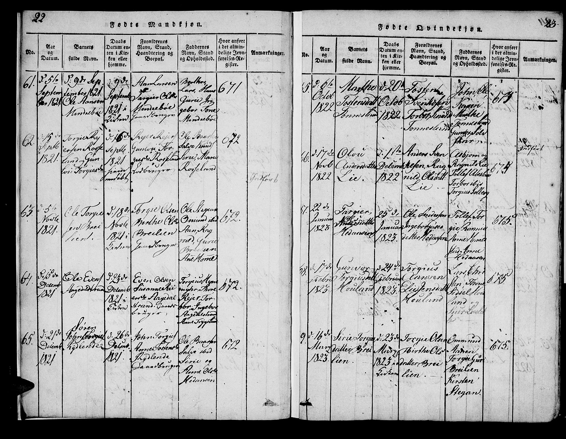 Bjelland sokneprestkontor, SAK/1111-0005/F/Fa/Faa/L0002: Ministerialbok nr. A 2, 1816-1866, s. 22-23