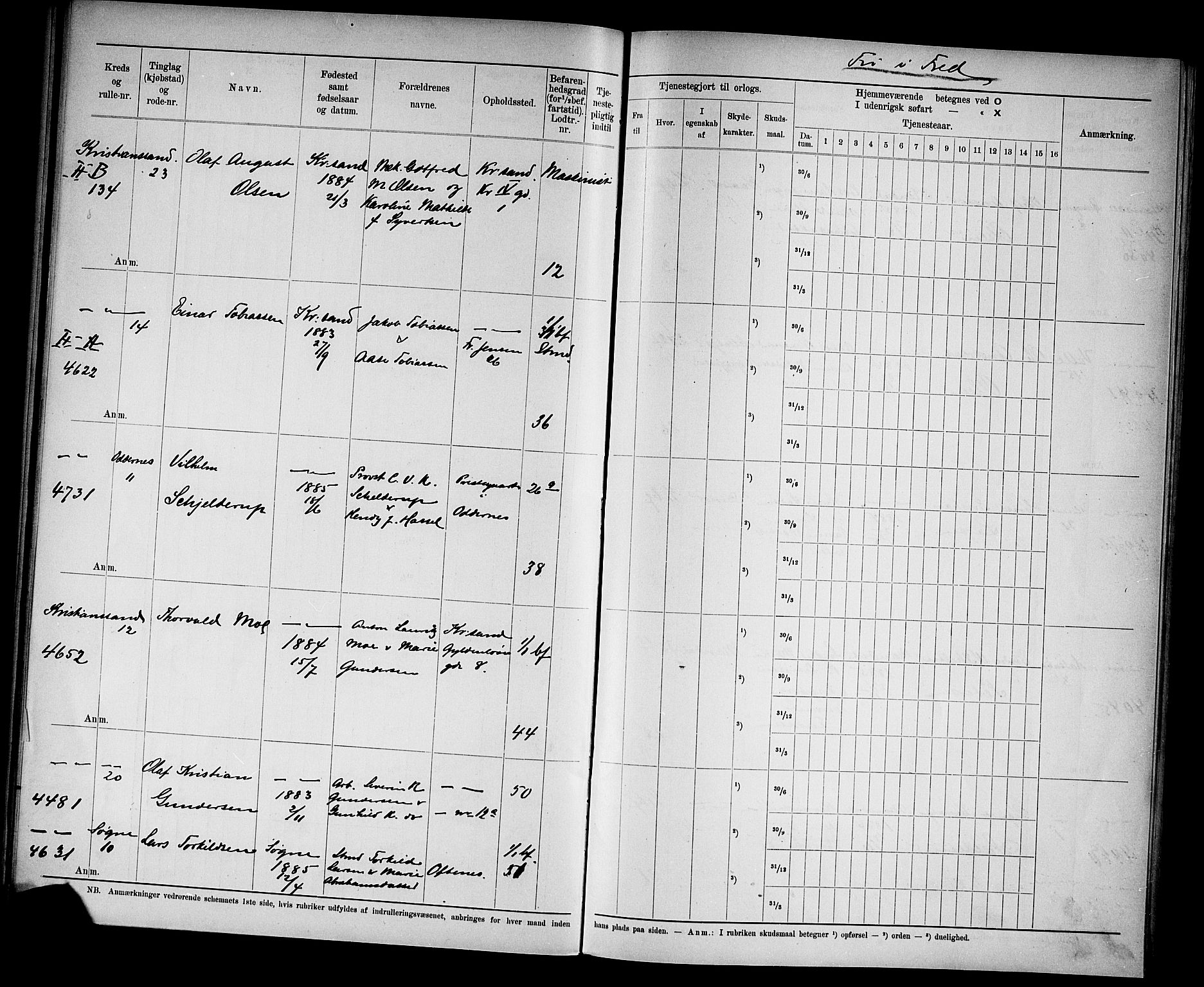 Kristiansand mønstringskrets, SAK/2031-0015/F/Fd/L0009: Rulle sjøvernepliktige, C-9, 1907, s. 43