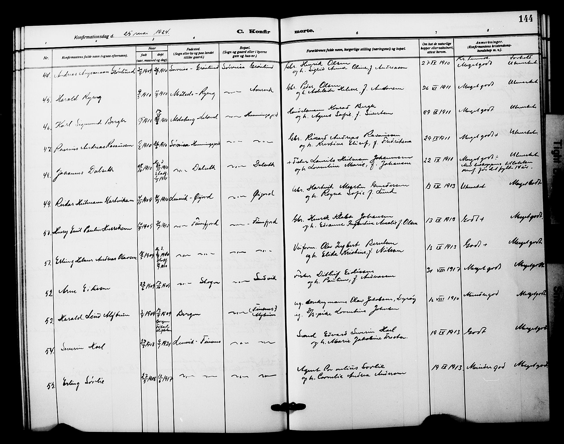 Tranøy sokneprestkontor, AV/SATØ-S-1313/I/Ia/Iab/L0023klokker: Klokkerbok nr. 23, 1913-1928, s. 144