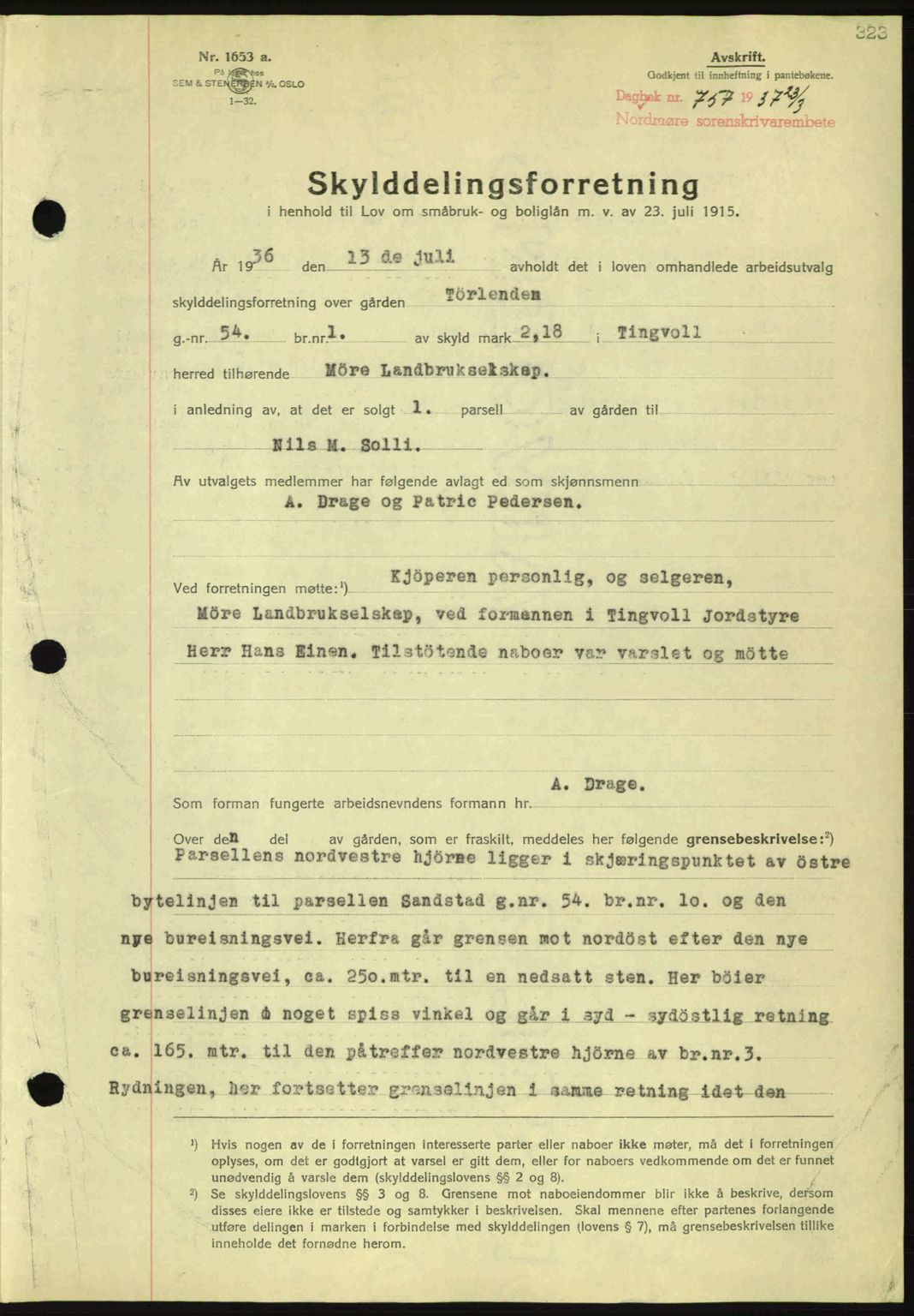Nordmøre sorenskriveri, SAT/A-4132/1/2/2Ca: Pantebok nr. A81, 1937-1937, Dagboknr: 757/1937