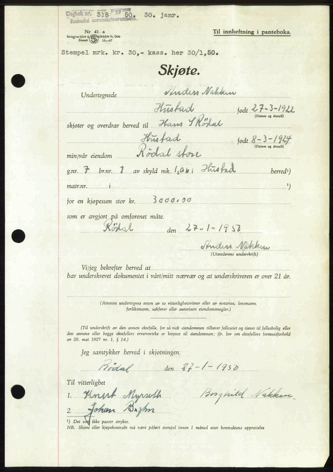 Romsdal sorenskriveri, SAT/A-4149/1/2/2C: Pantebok nr. A32, 1950-1950, Dagboknr: 318/1950