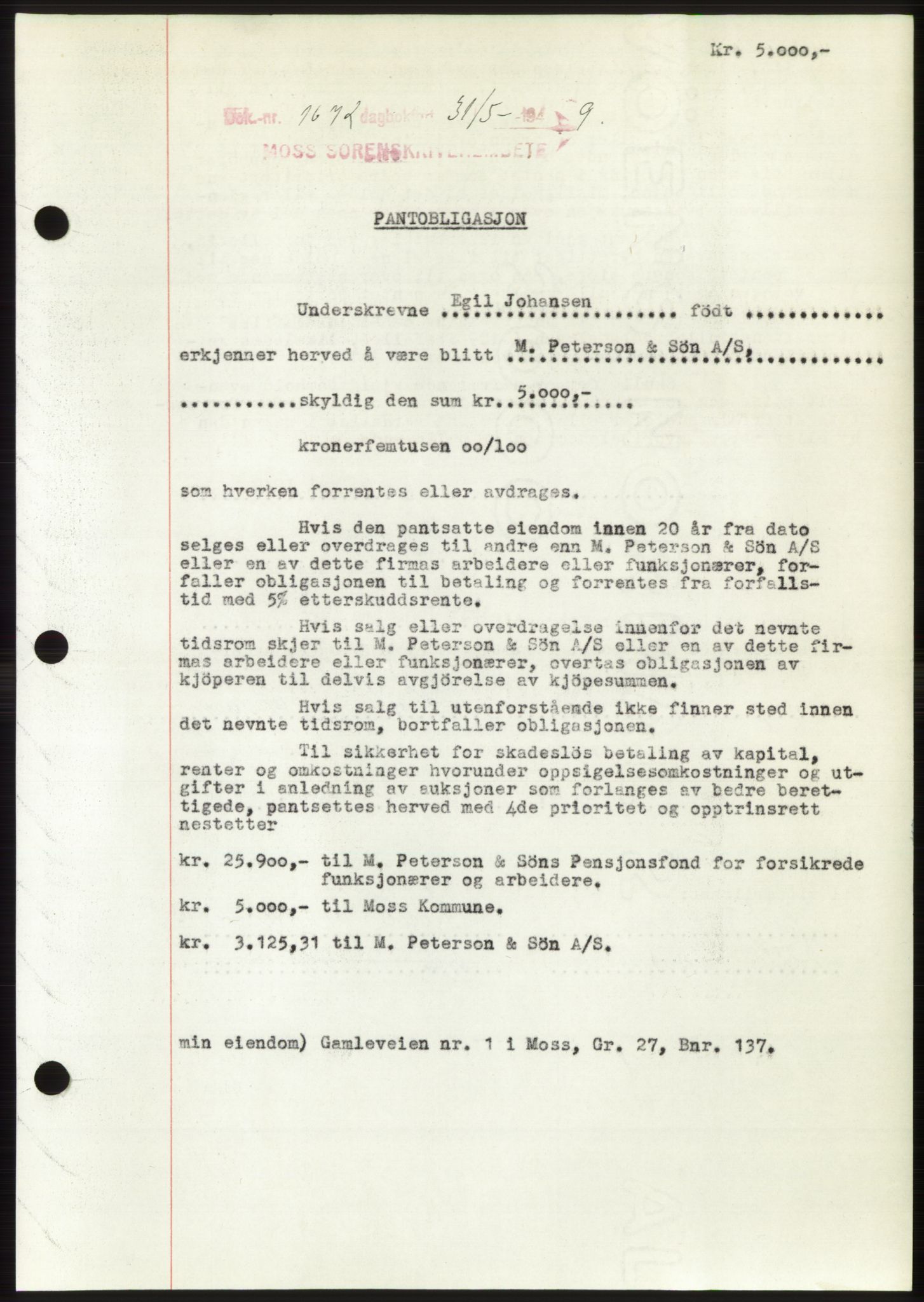 Moss sorenskriveri, SAO/A-10168: Pantebok nr. B22, 1949-1949, Dagboknr: 1672/1949