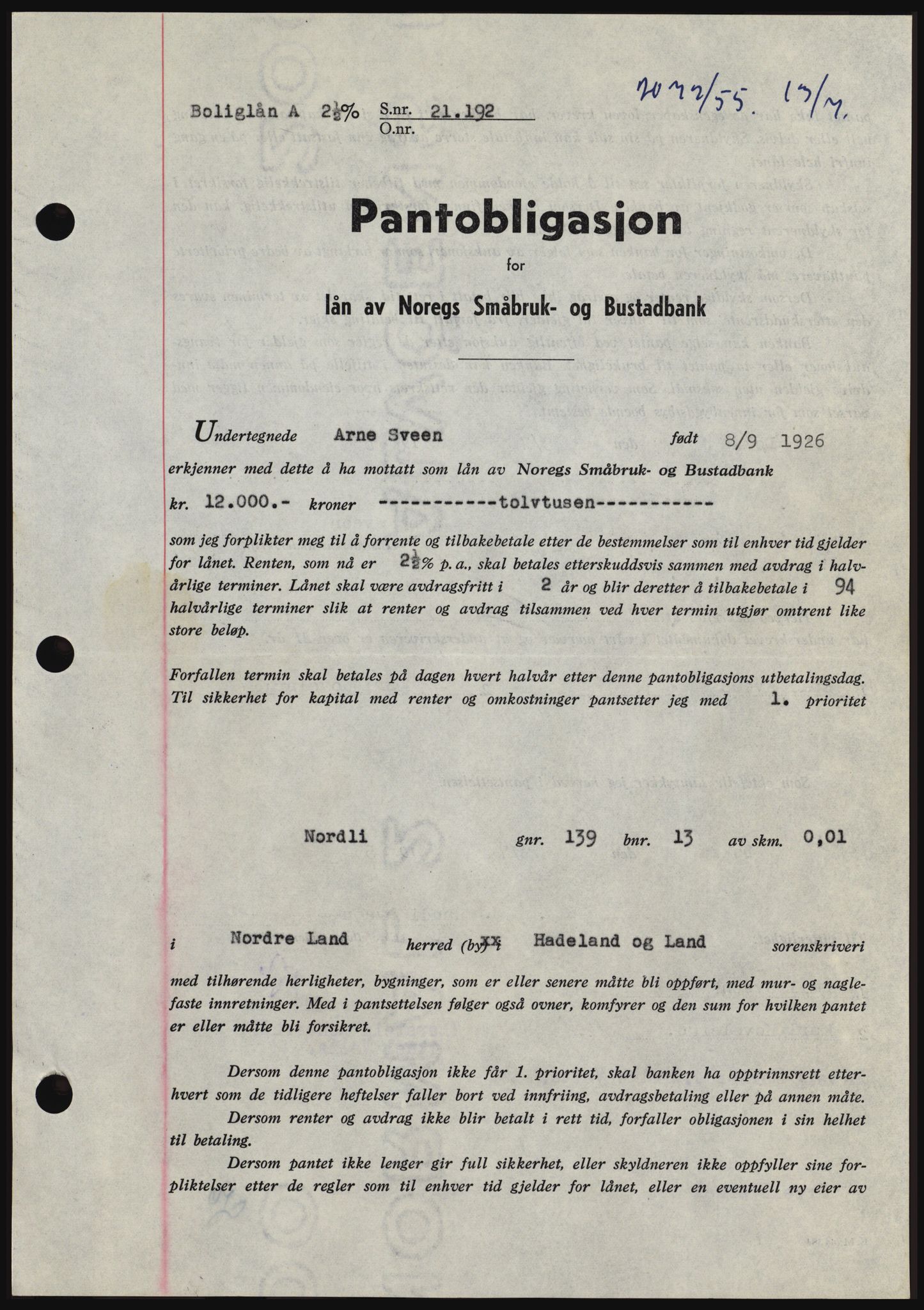 Hadeland og Land tingrett, SAH/TING-010/H/Hb/Hbc/L0032: Pantebok nr. B32, 1955-1955, Dagboknr: 2072/1955