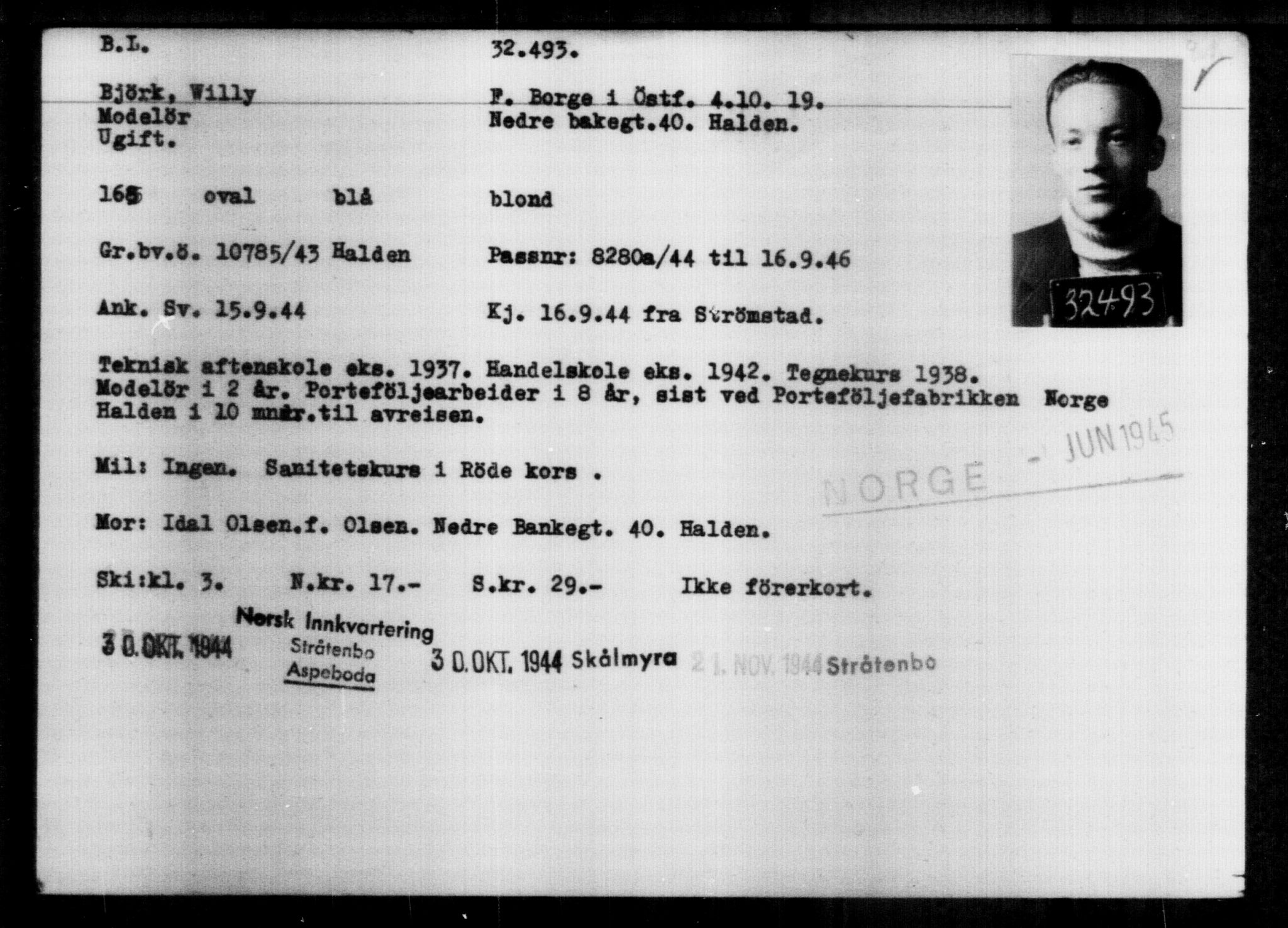 Utenriksstasjonene, Legasjonen i Stockholm, Flyktningkontoret, AV/RA-S-6753/V/Va/L0013: Kjesäterkartoteket, flyktninger med registreringsnr. 31500-34731, 1940-1945, s. 1048