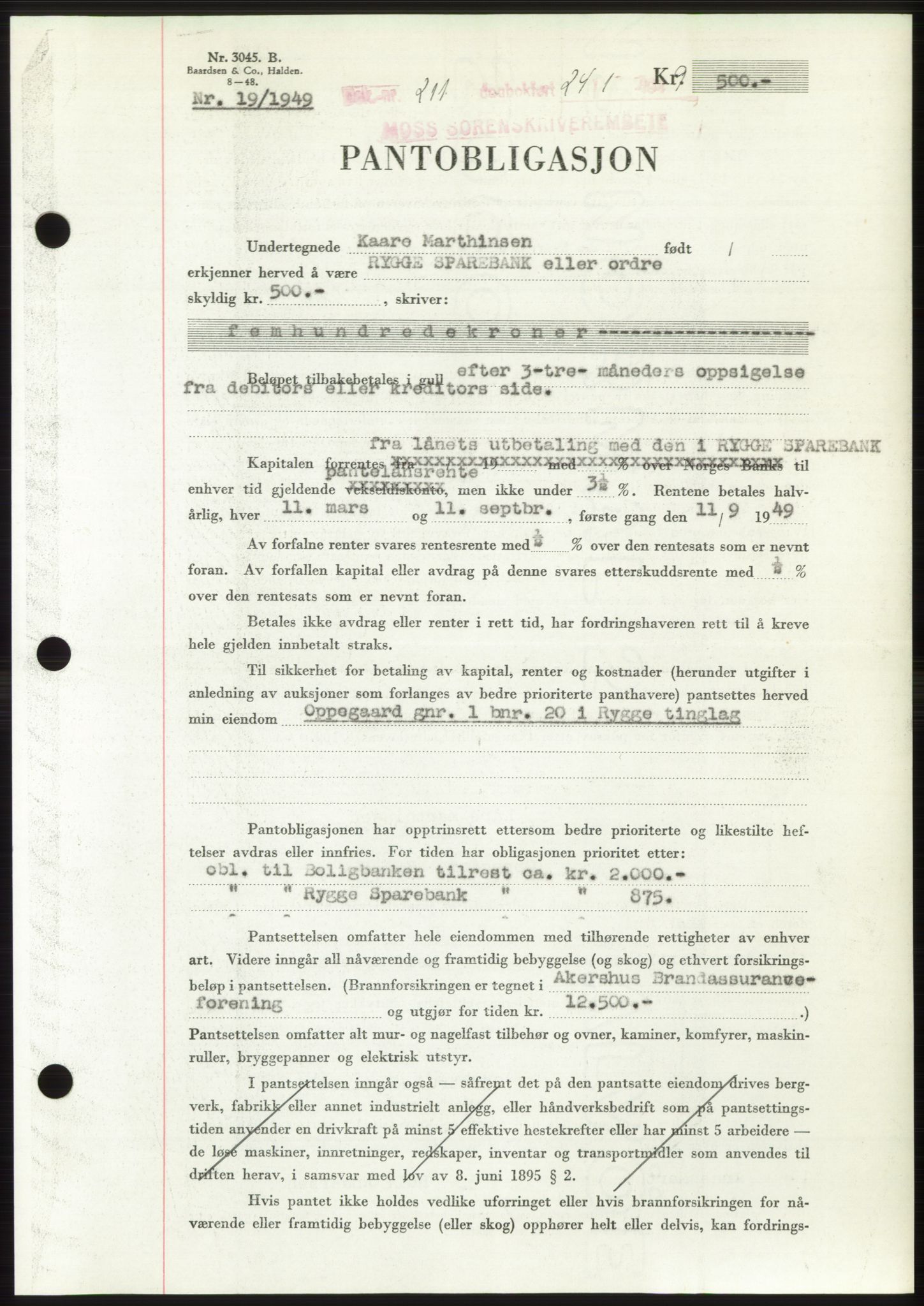 Moss sorenskriveri, SAO/A-10168: Pantebok nr. B21, 1949-1949, Dagboknr: 211/1949