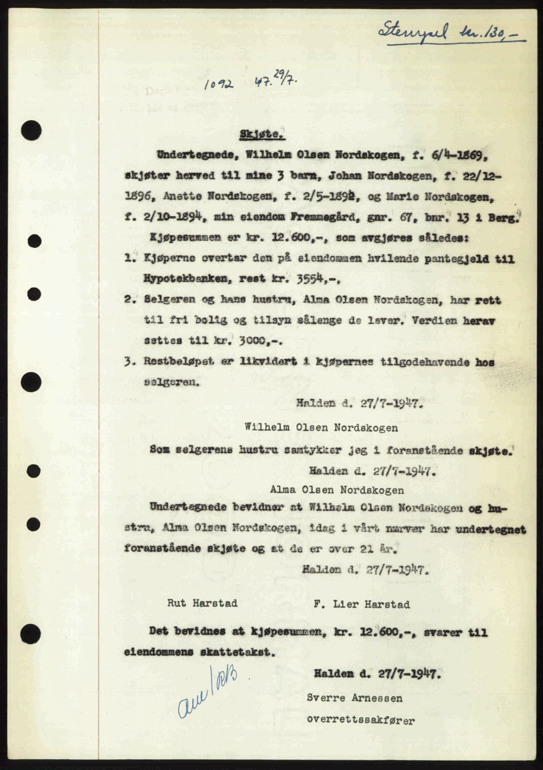 Idd og Marker sorenskriveri, SAO/A-10283/G/Gb/Gbb/L0009: Pantebok nr. A9, 1946-1947, Dagboknr: 1092/1947
