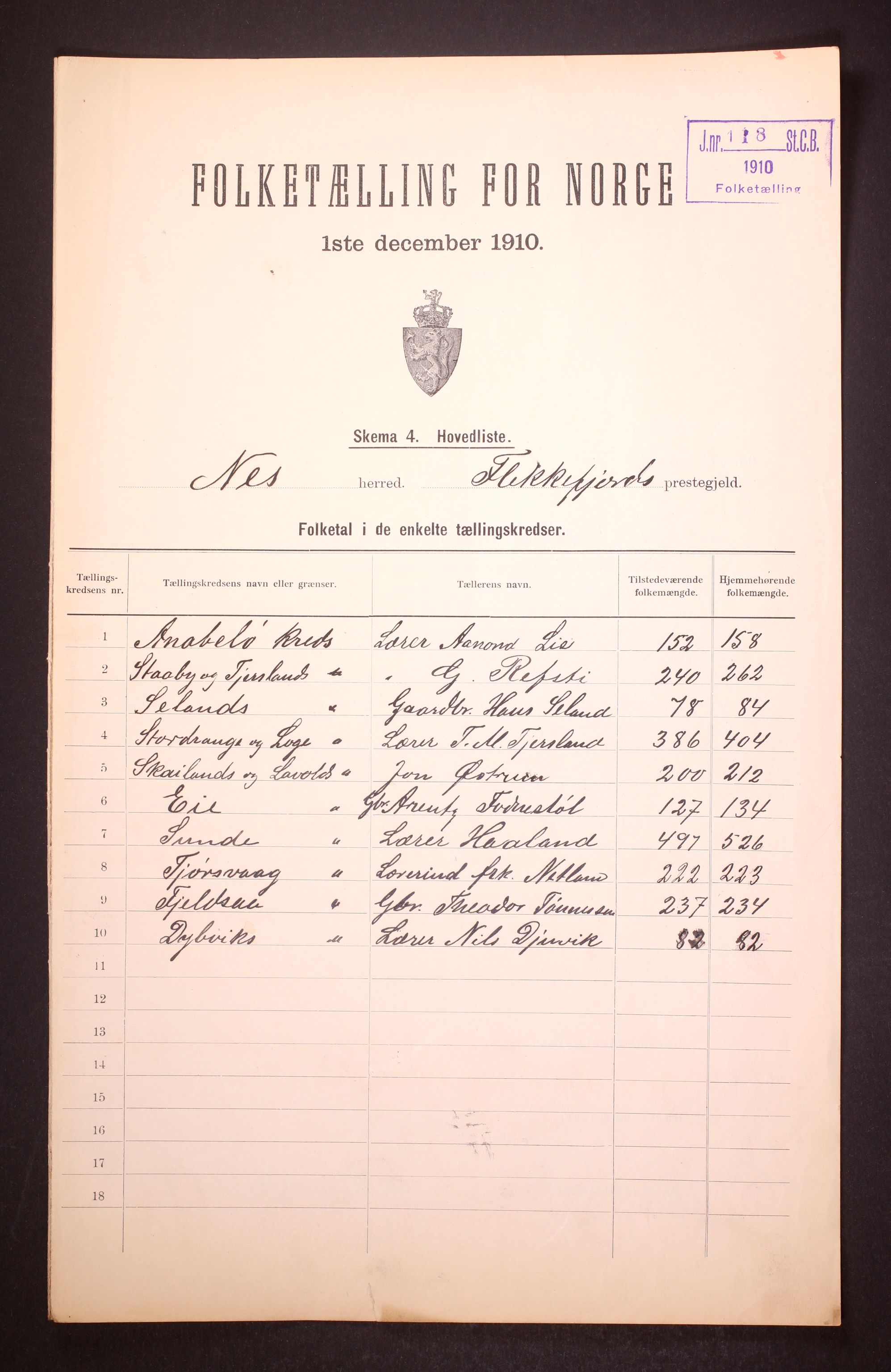 RA, Folketelling 1910 for 1043 Nes herred, 1910, s. 4