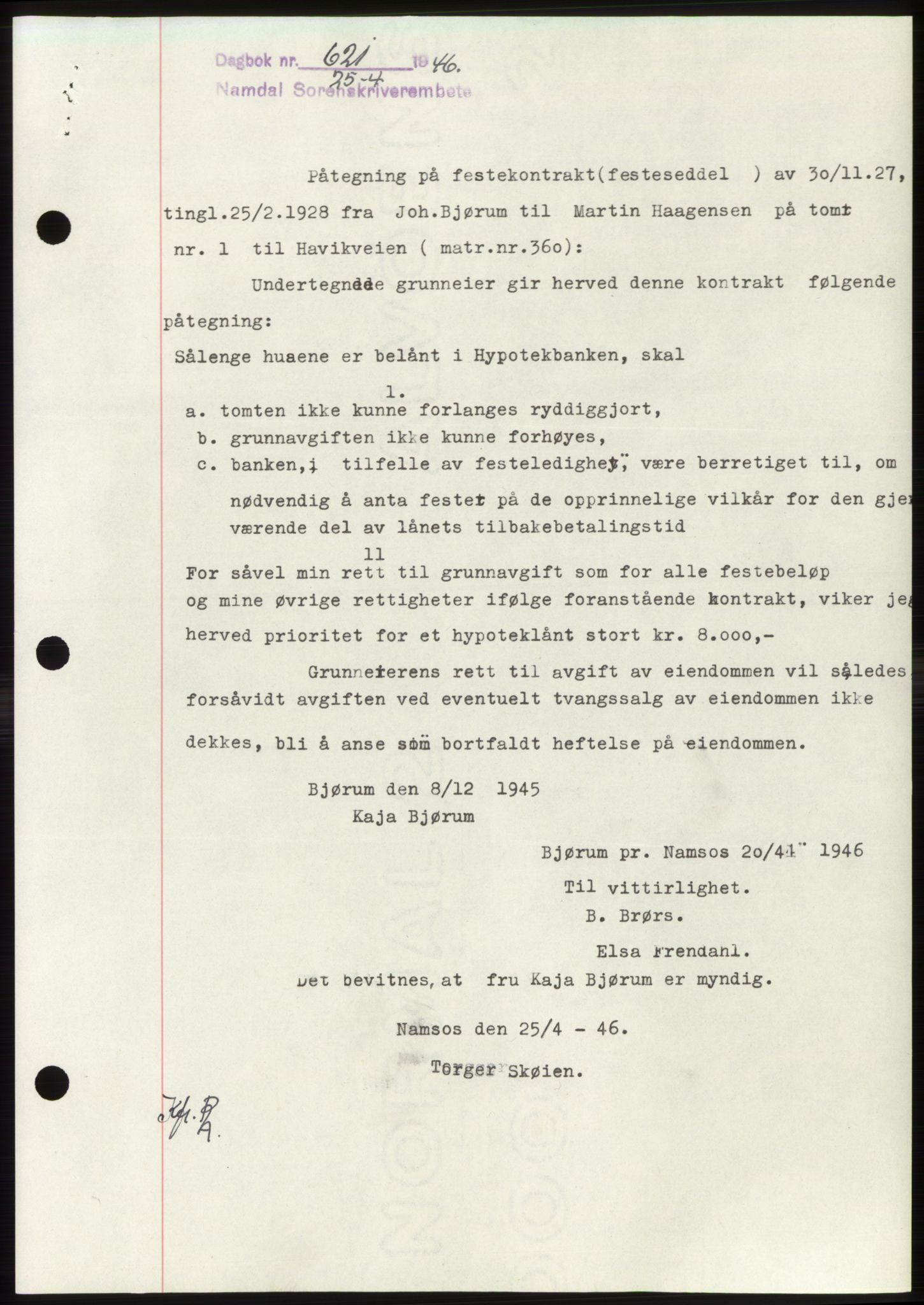 Namdal sorenskriveri, SAT/A-4133/1/2/2C: Pantebok nr. -, 1946-1946, Dagboknr: 621/1946