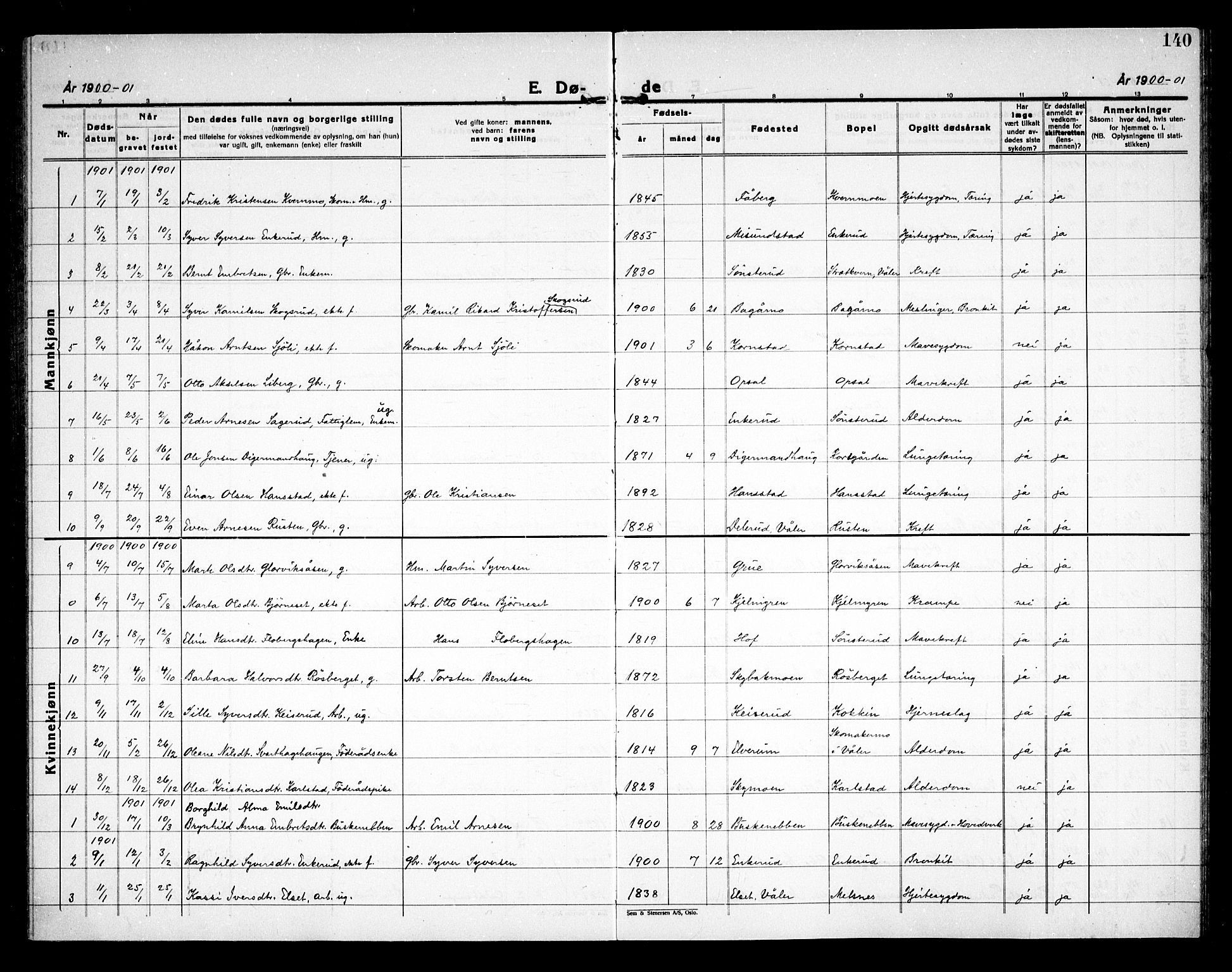 Åsnes prestekontor, SAH/PREST-042/H/Ha/Haa/L0000D: Ministerialbok nr. 0B, 1890-1929, s. 140