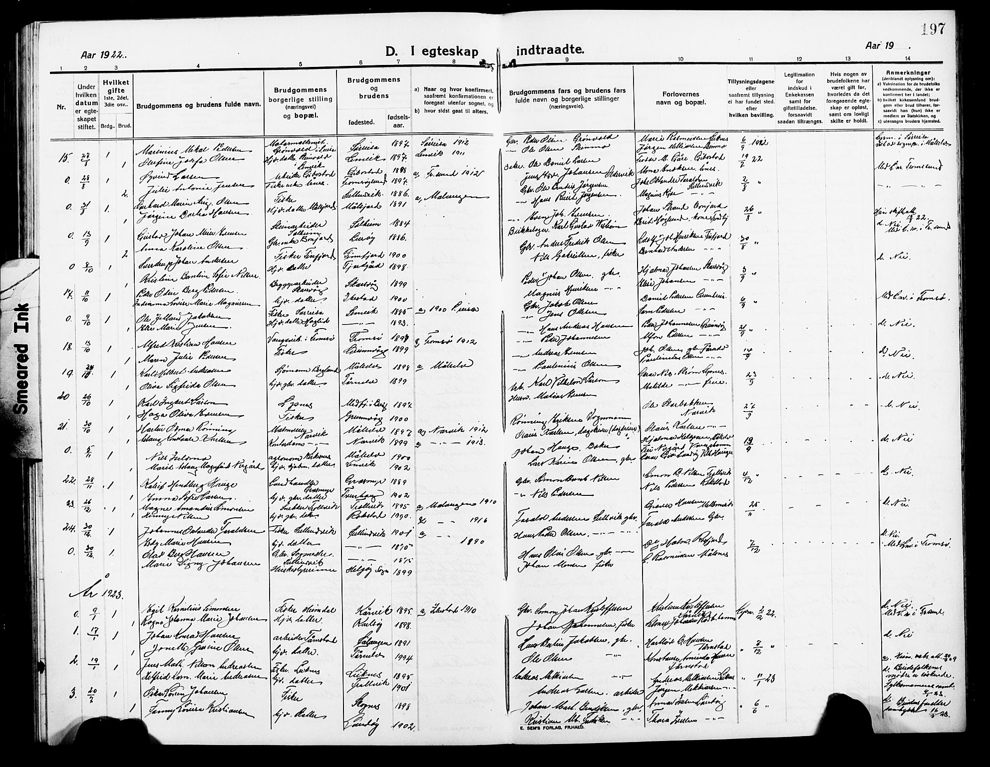 Lenvik sokneprestembete, SATØ/S-1310/H/Ha/Hab/L0009klokker: Klokkerbok nr. 9, 1912-1926, s. 197