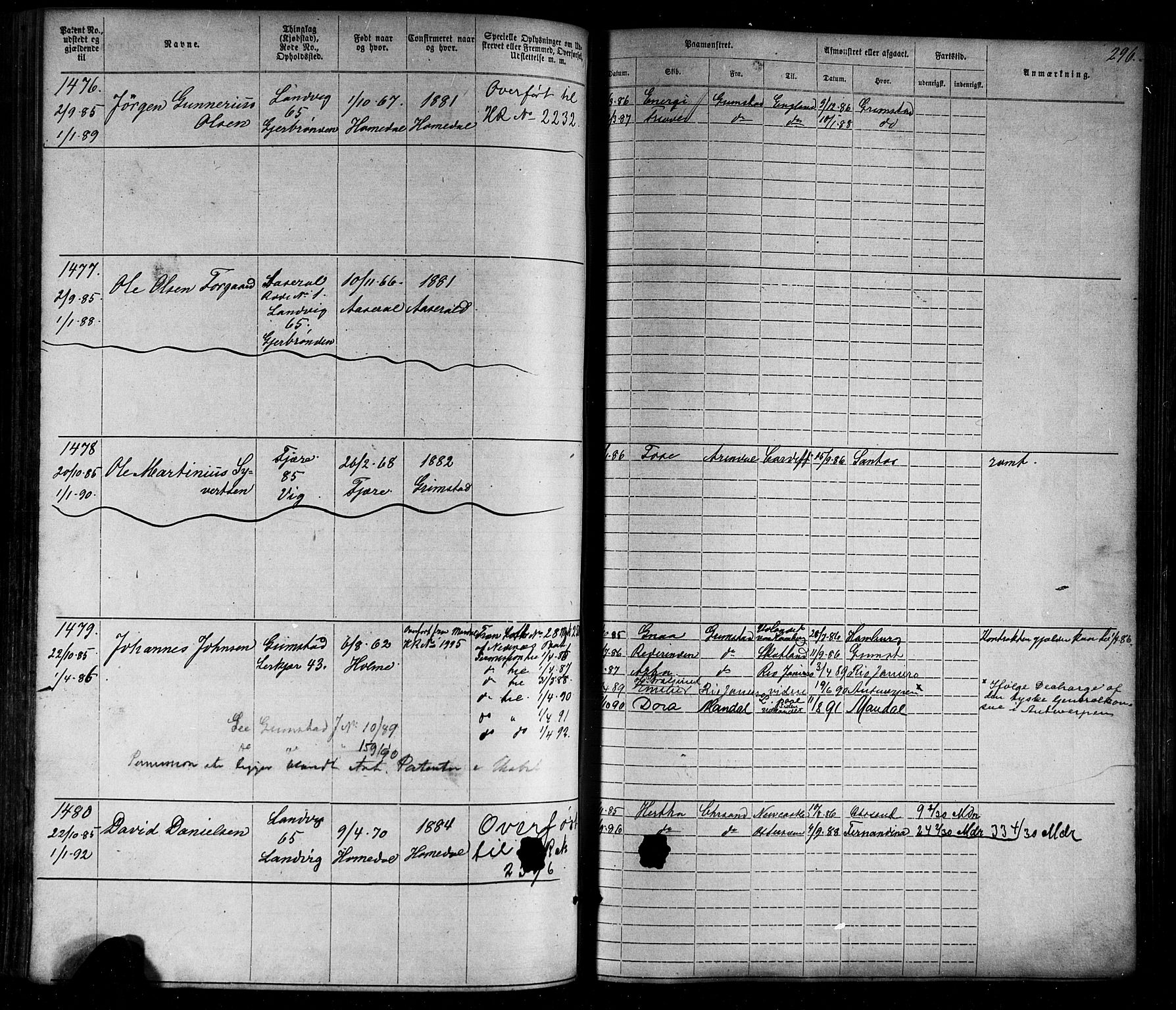 Grimstad mønstringskrets, SAK/2031-0013/F/Fa/L0005: Annotasjonsrulle nr 1-1910 med register, V-18, 1870-1892, s. 334