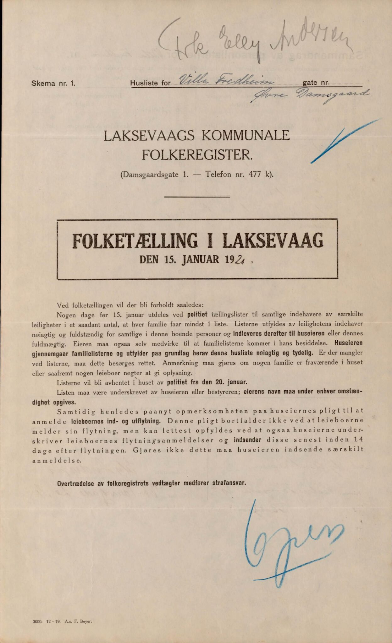 Laksevåg kommune. Folkeregisteret, BBA/A-1586/E/Ea/L0001: Folketellingskjema 1920, 1920, s. 479