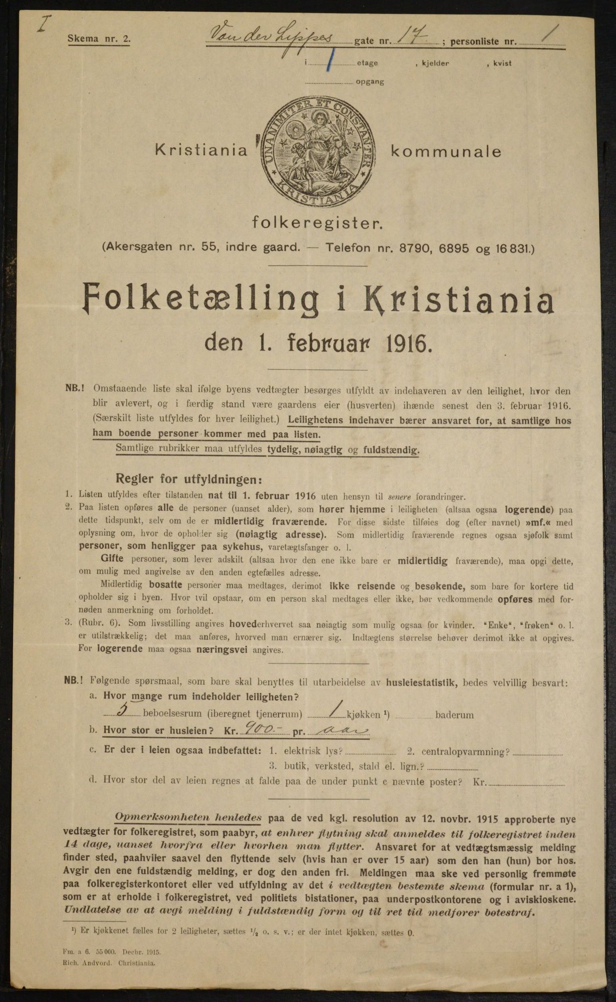 OBA, Kommunal folketelling 1.2.1916 for Kristiania, 1916, s. 129054