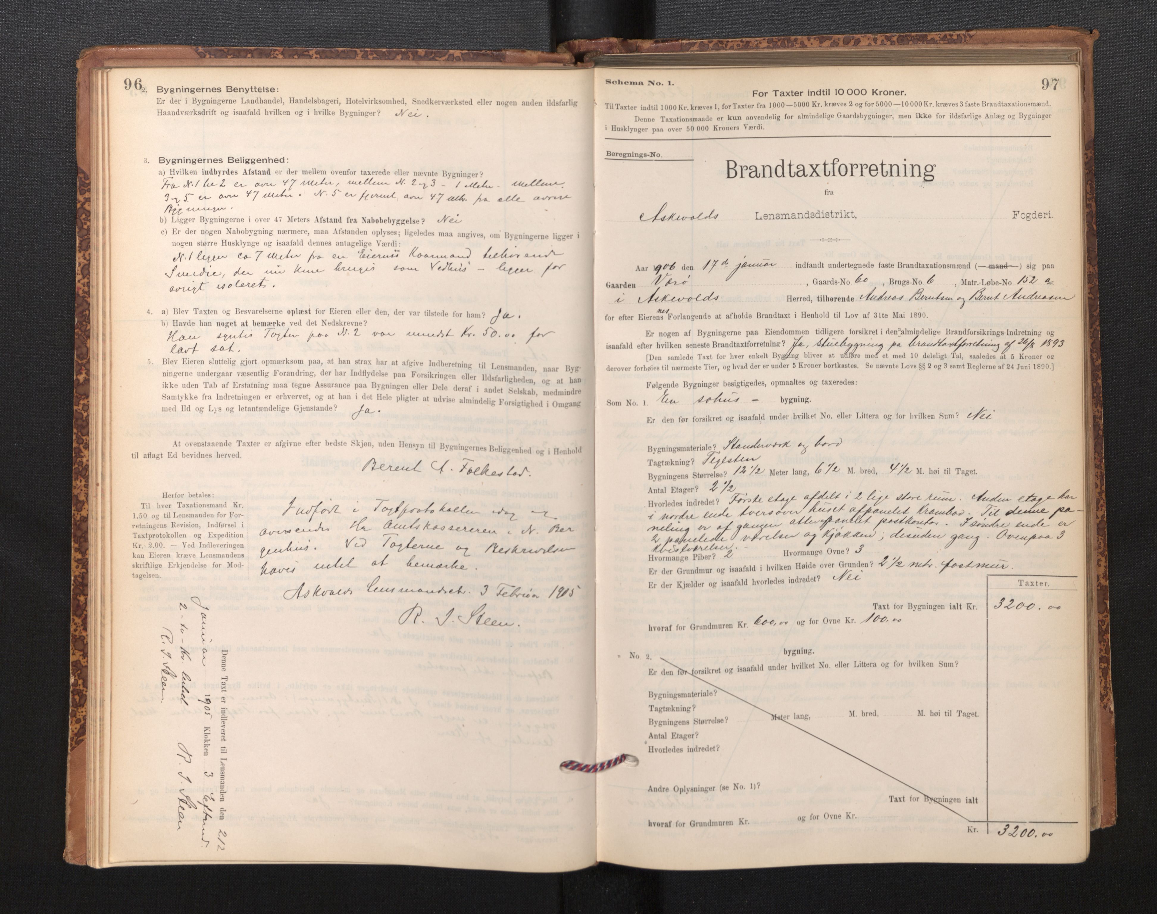 Lensmannen i Askvoll, SAB/A-26301/0012/L0004: Branntakstprotokoll, skjematakst og liste over branntakstmenn, 1895-1932, s. 96-97