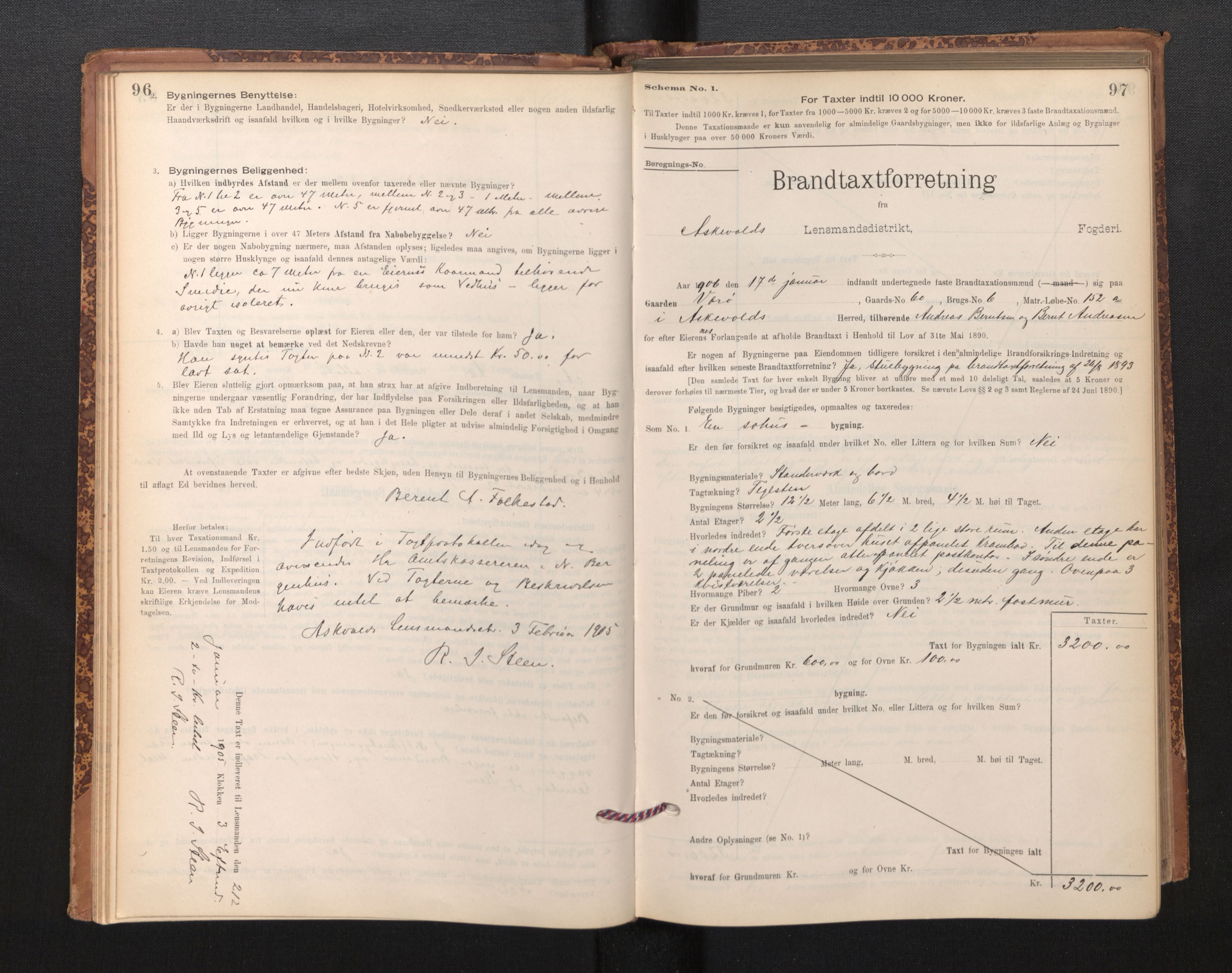 Lensmannen i Askvoll, AV/SAB-A-26301/0012/L0004: Branntakstprotokoll, skjematakst og liste over branntakstmenn, 1895-1932, s. 96-97