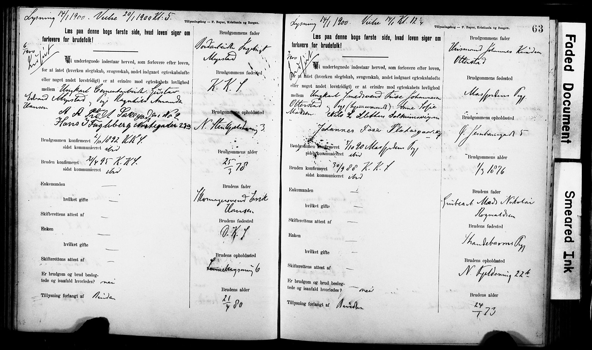 Korskirken sokneprestembete, SAB/A-76101: Forlovererklæringer nr. II.5.7, 1898-1903, s. 63
