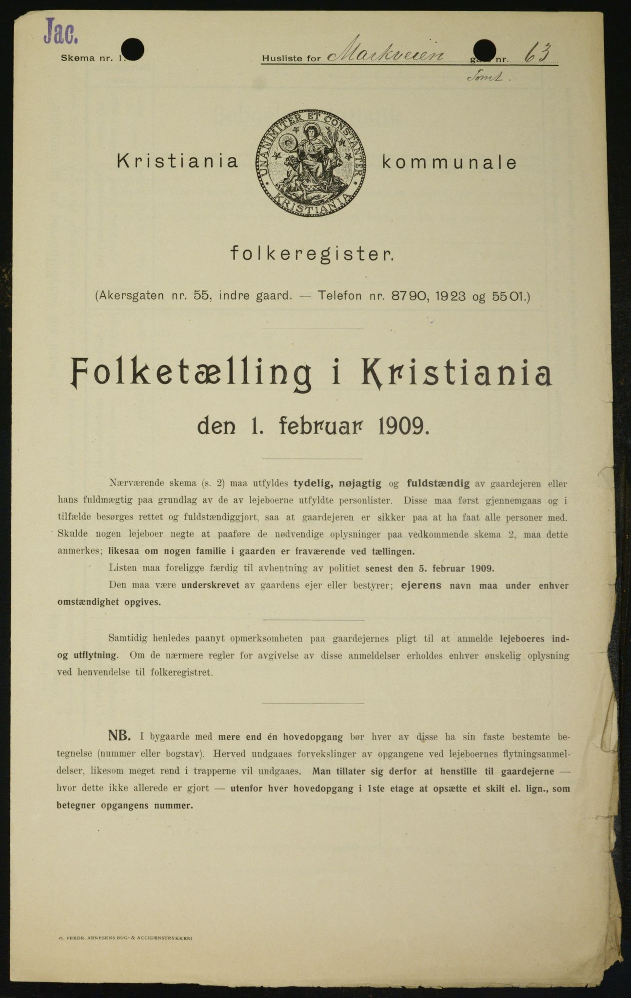 OBA, Kommunal folketelling 1.2.1909 for Kristiania kjøpstad, 1909, s. 58460