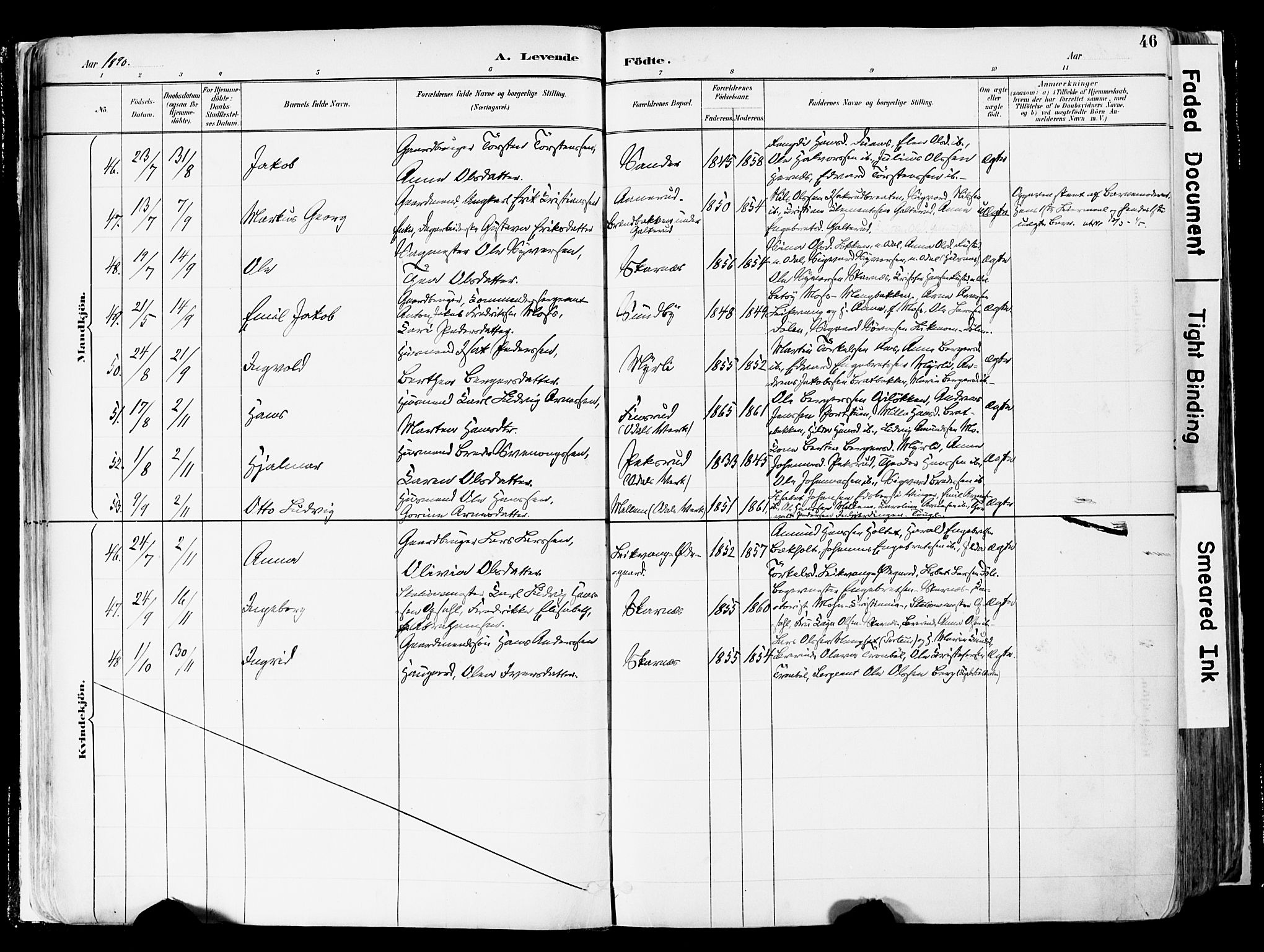 Sør-Odal prestekontor, AV/SAH-PREST-030/H/Ha/Haa/L0006: Ministerialbok nr. 6, 1886-1931, s. 46