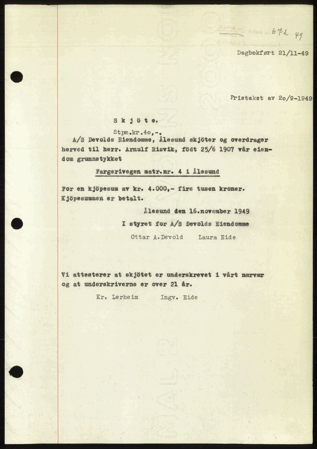 Ålesund byfogd, AV/SAT-A-4384: Pantebok nr. 37A (2), 1949-1950, Dagboknr: 672/1949