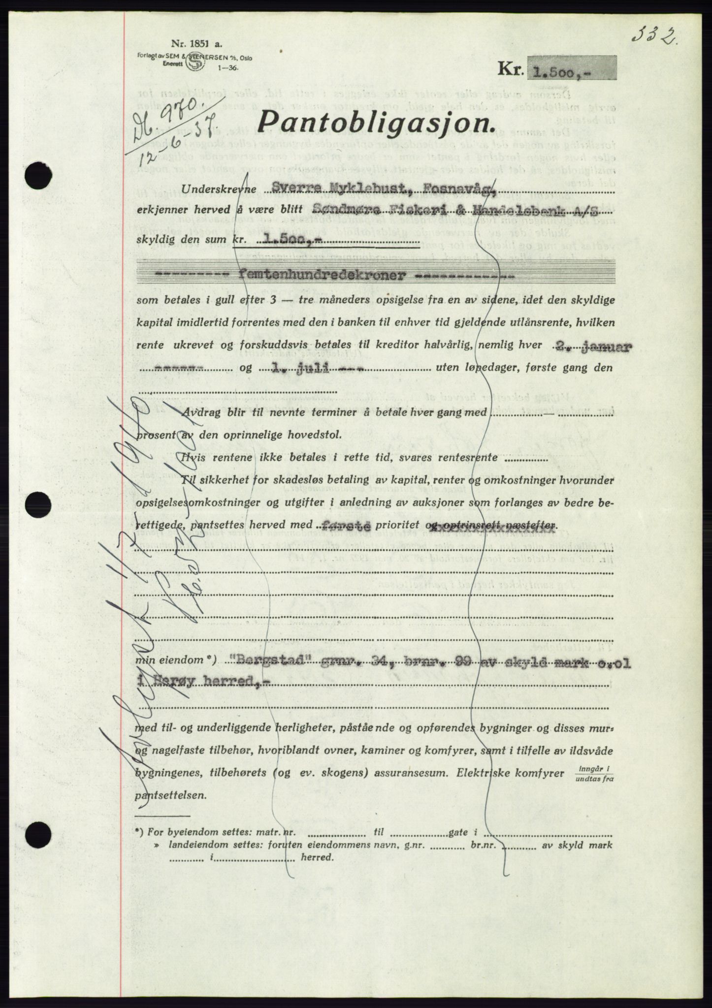 Søre Sunnmøre sorenskriveri, AV/SAT-A-4122/1/2/2C/L0063: Pantebok nr. 57, 1937-1937, Dagboknr: 970/1937