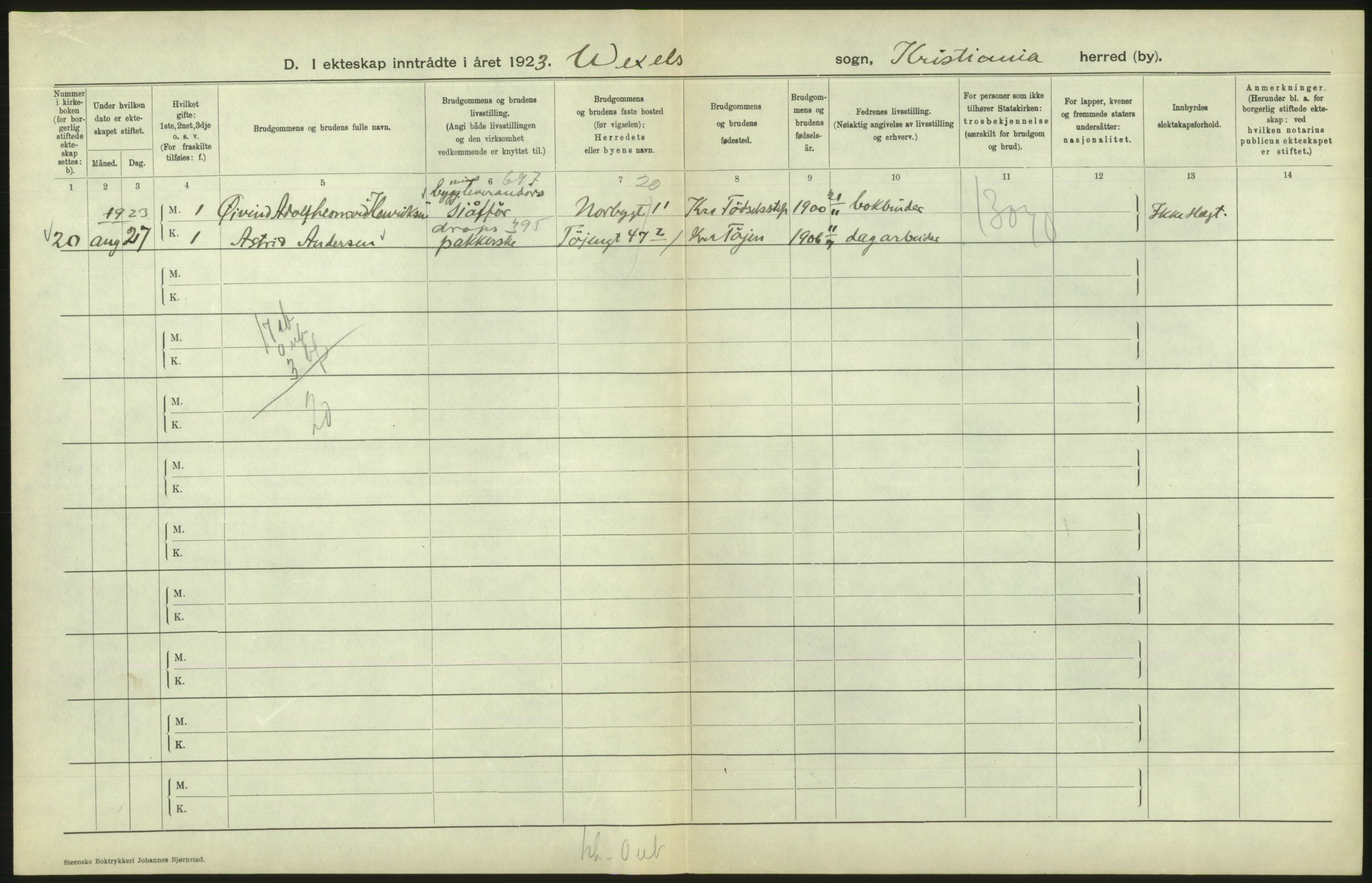 Statistisk sentralbyrå, Sosiodemografiske emner, Befolkning, AV/RA-S-2228/D/Df/Dfc/Dfcc/L0008: Kristiania: Gifte, 1923, s. 508