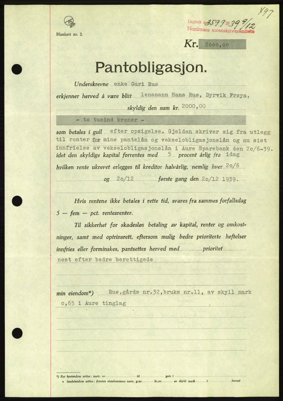 Nordmøre sorenskriveri, AV/SAT-A-4132/1/2/2Ca: Pantebok nr. B86, 1939-1940, Dagboknr: 3599/1939