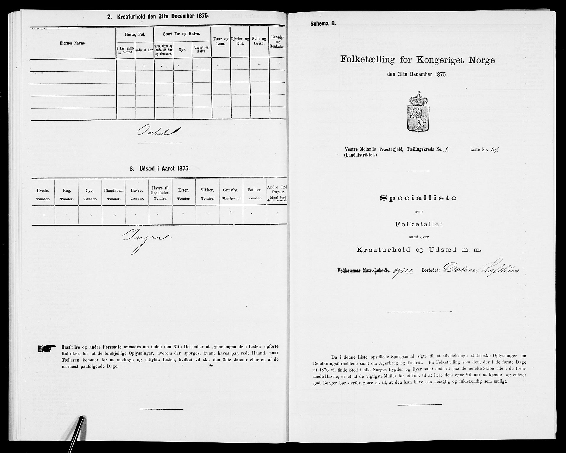 SAK, Folketelling 1875 for 0926L Vestre Moland prestegjeld, Vestre Moland sokn, 1875, s. 439